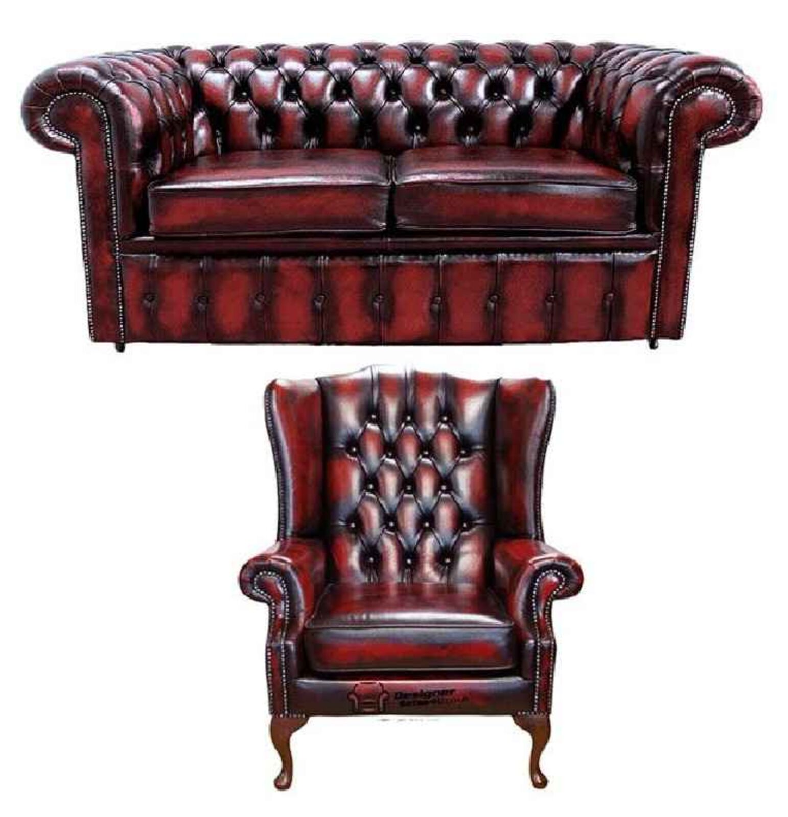 Product photograph of Chesterfield 2 Seater Sofa Mallory Wing Chair Leather Sofa Suite Offer Antique Oxblood from Designer Sofas 4U