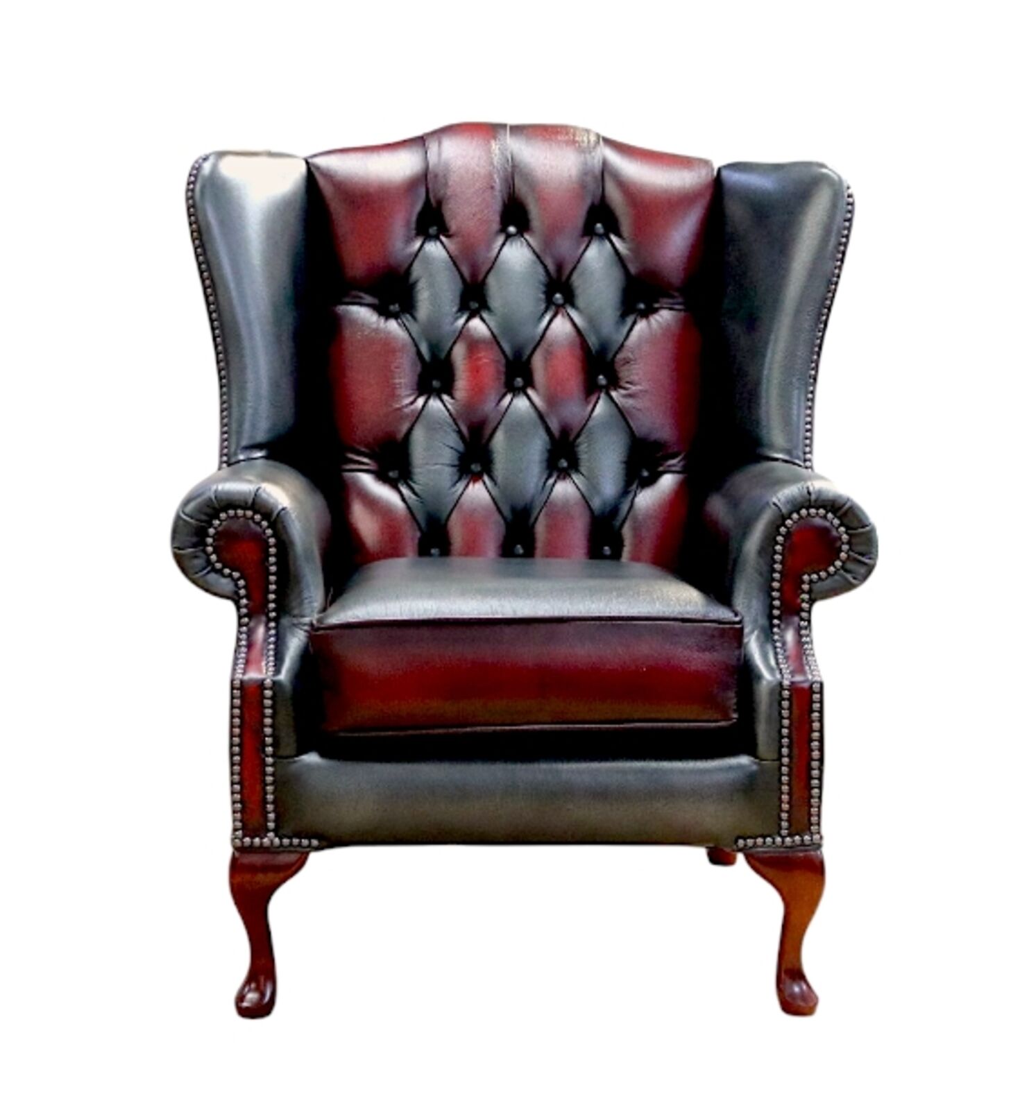 Product photograph of Chesterfield Bloomsbury Patchwork Devil Queen Anne Wing Chair Antique Real Leather from Designer Sofas 4U