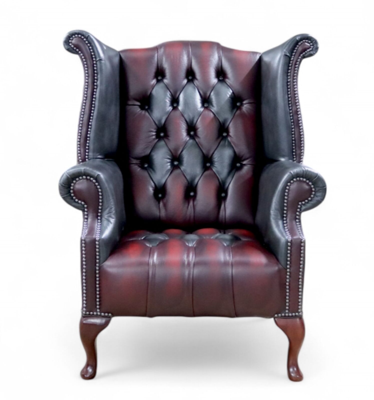 Product photograph of Chesterfield Patchwork Devil Buttoned Seat Queen Anne Wing Chair Antique Real Leather from Designer Sofas 4U