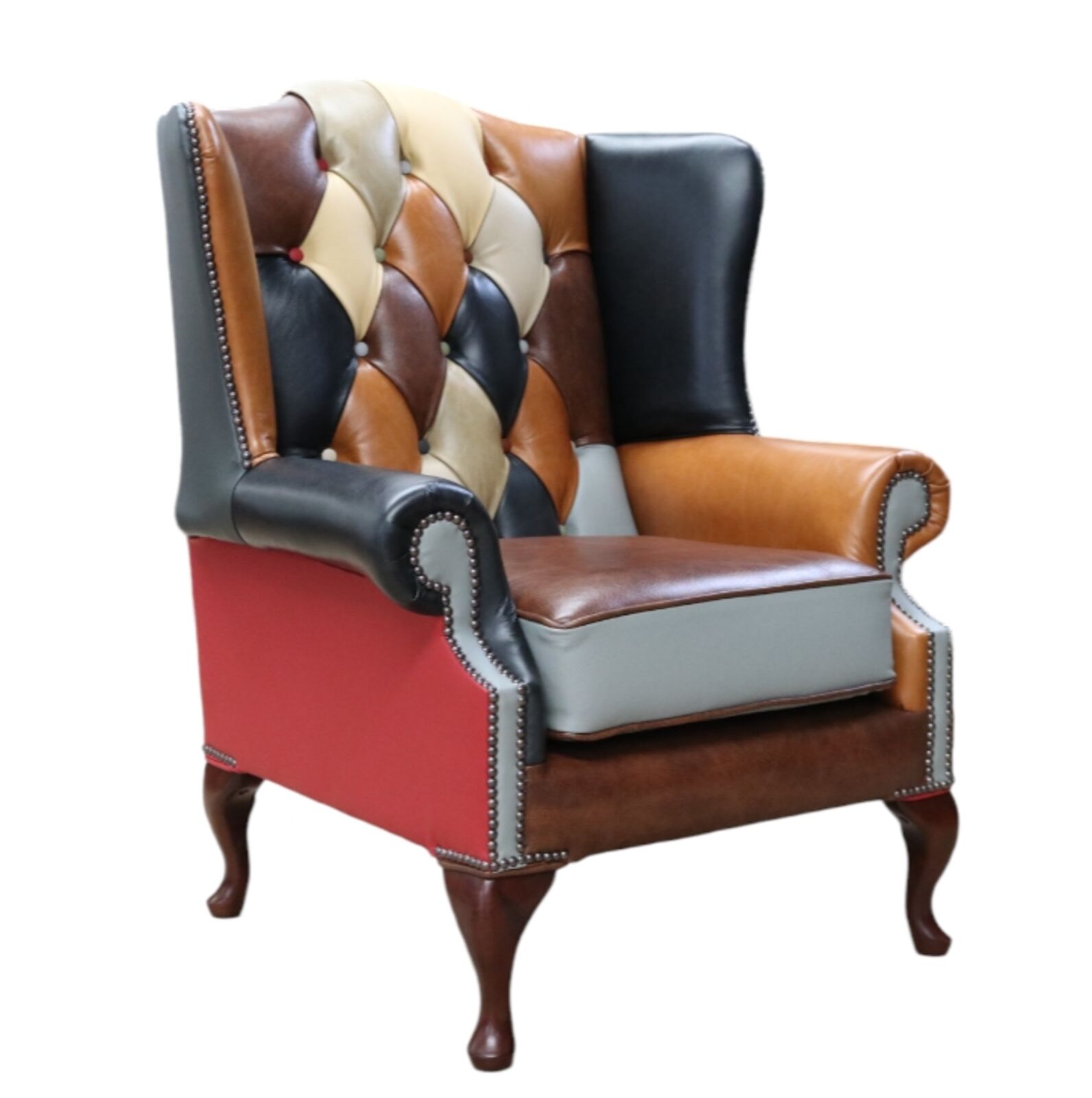 Product photograph of Chesterfield Harlequin Patchwork Flat Wing Queen Anne Chair Leather from Designer Sofas 4U