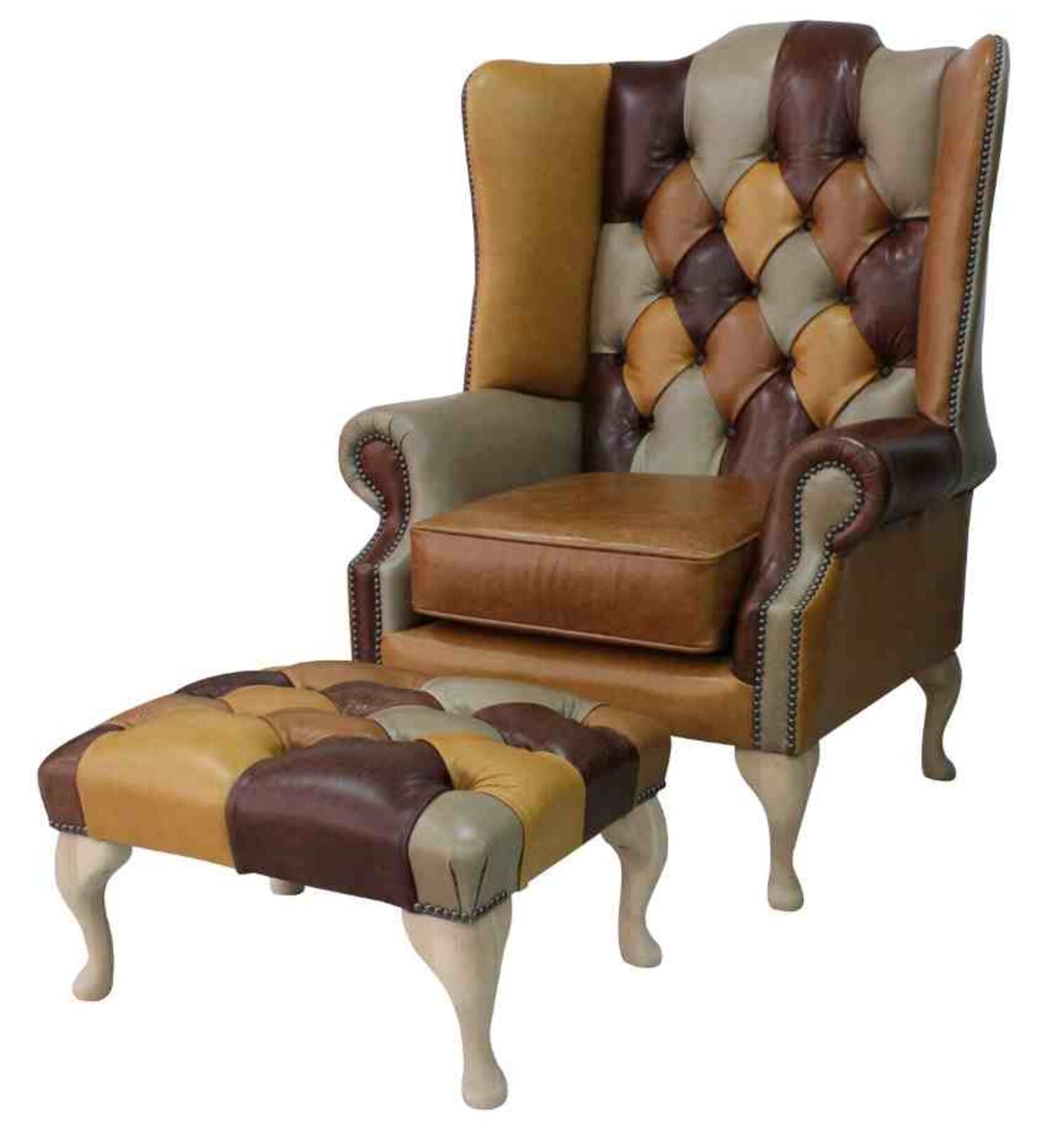 Product photograph of Chesterfield Prince S Patchwork Old English Leather Wing Chair Footstool from Designer Sofas 4U