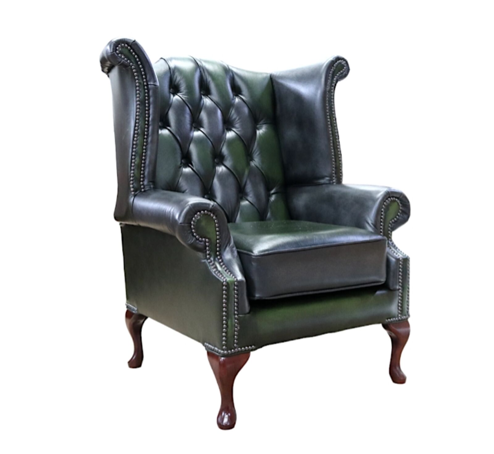 Product photograph of Chesterfield Patchwork Noble Queen Anne Wing Chair Antique Green Amp Grey Leather from Designer Sofas 4U