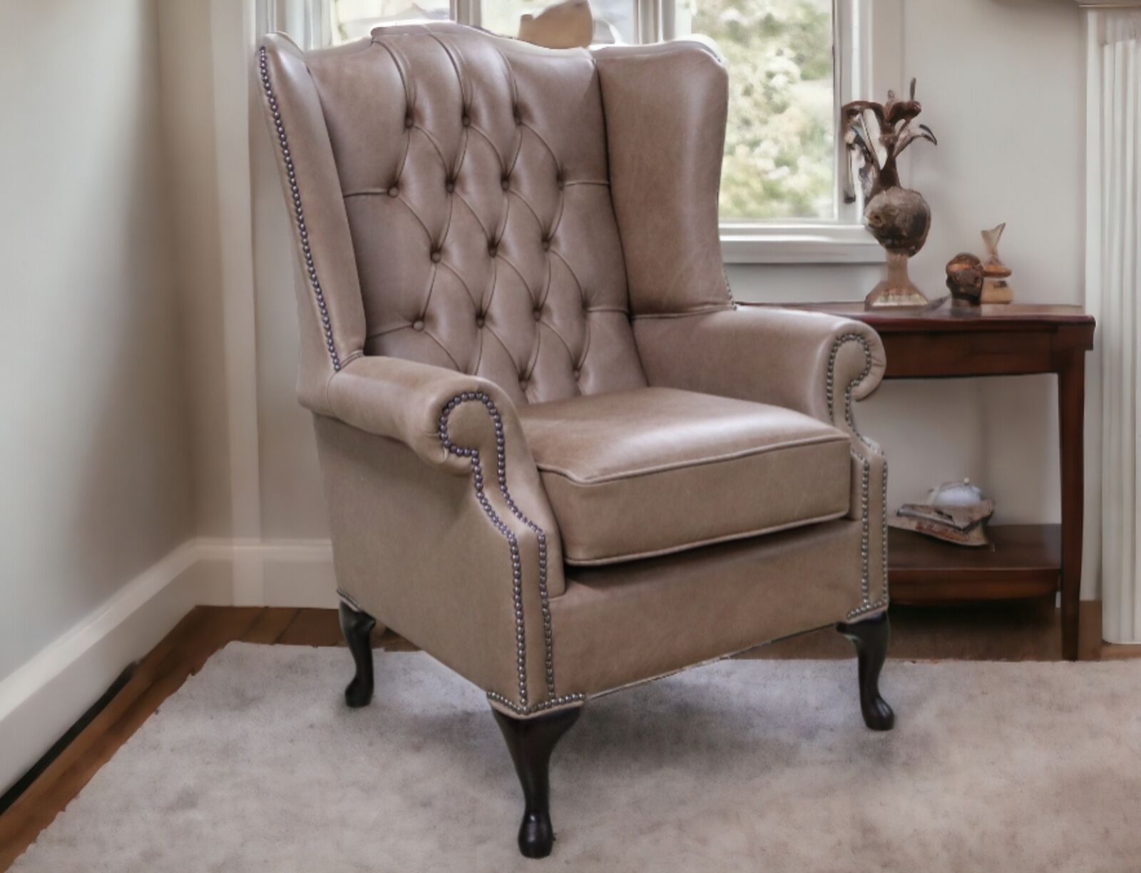 Product photograph of Chesterfield Prince S Mallory Flat Wing Queen Anne High Back Wing Chair Selvaggio Beaver Brown Leather from Designer Sofas 4U