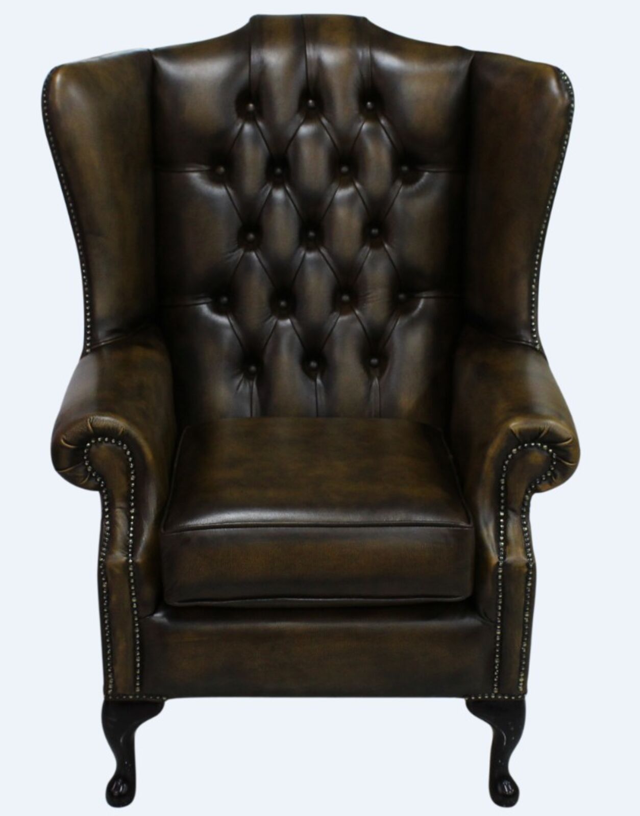 Product photograph of Chesterfield Prince S Mallory Flat Wing Queen Anne High Back Wing Chair Uk Manufactured Antique Gold Leather from Designer Sofas 4U