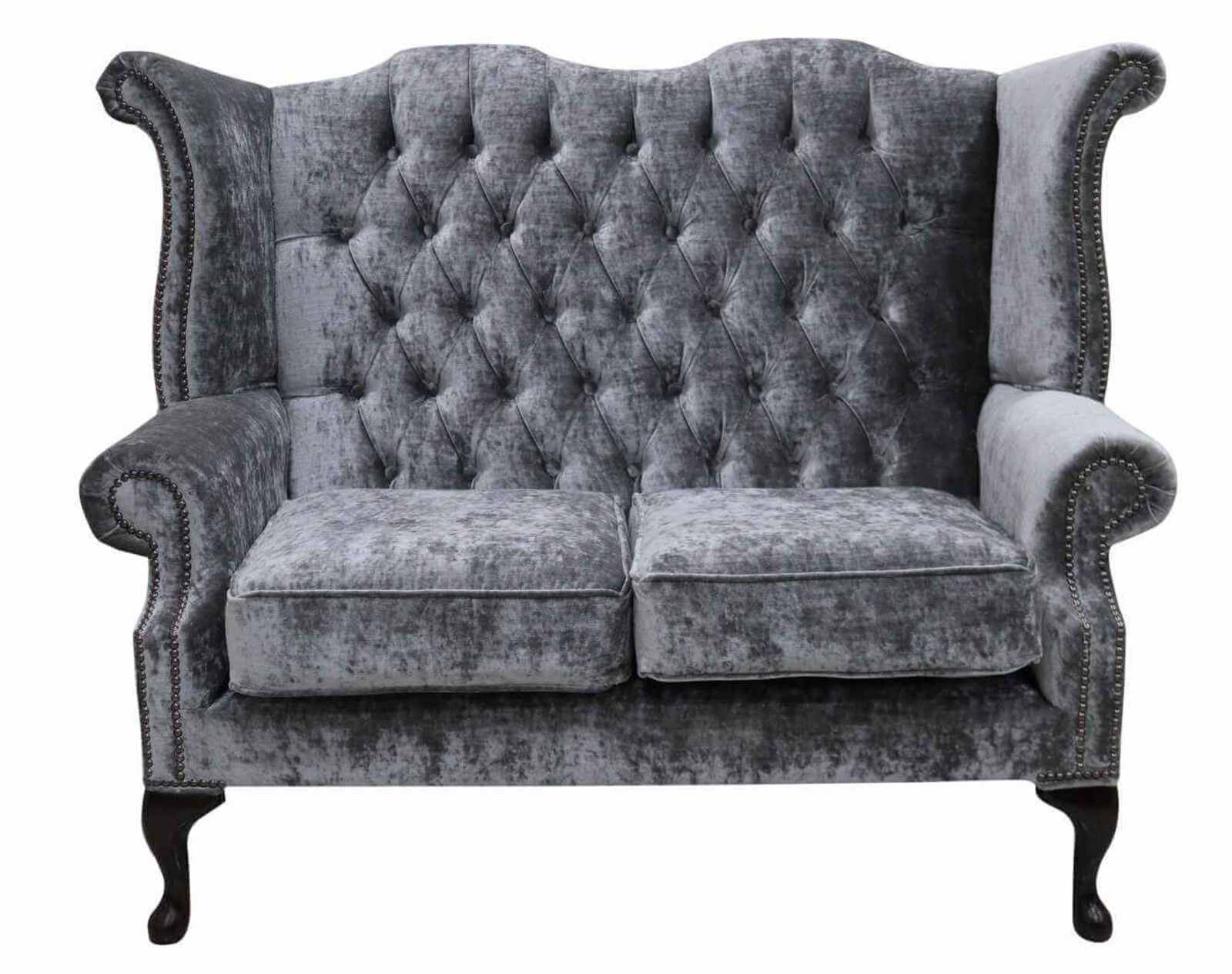 Product photograph of Chesterfield 2 Seater Queen Anne High Back Wing Sofa Chair Modena Regency Grey Velvet from Designer Sofas 4U