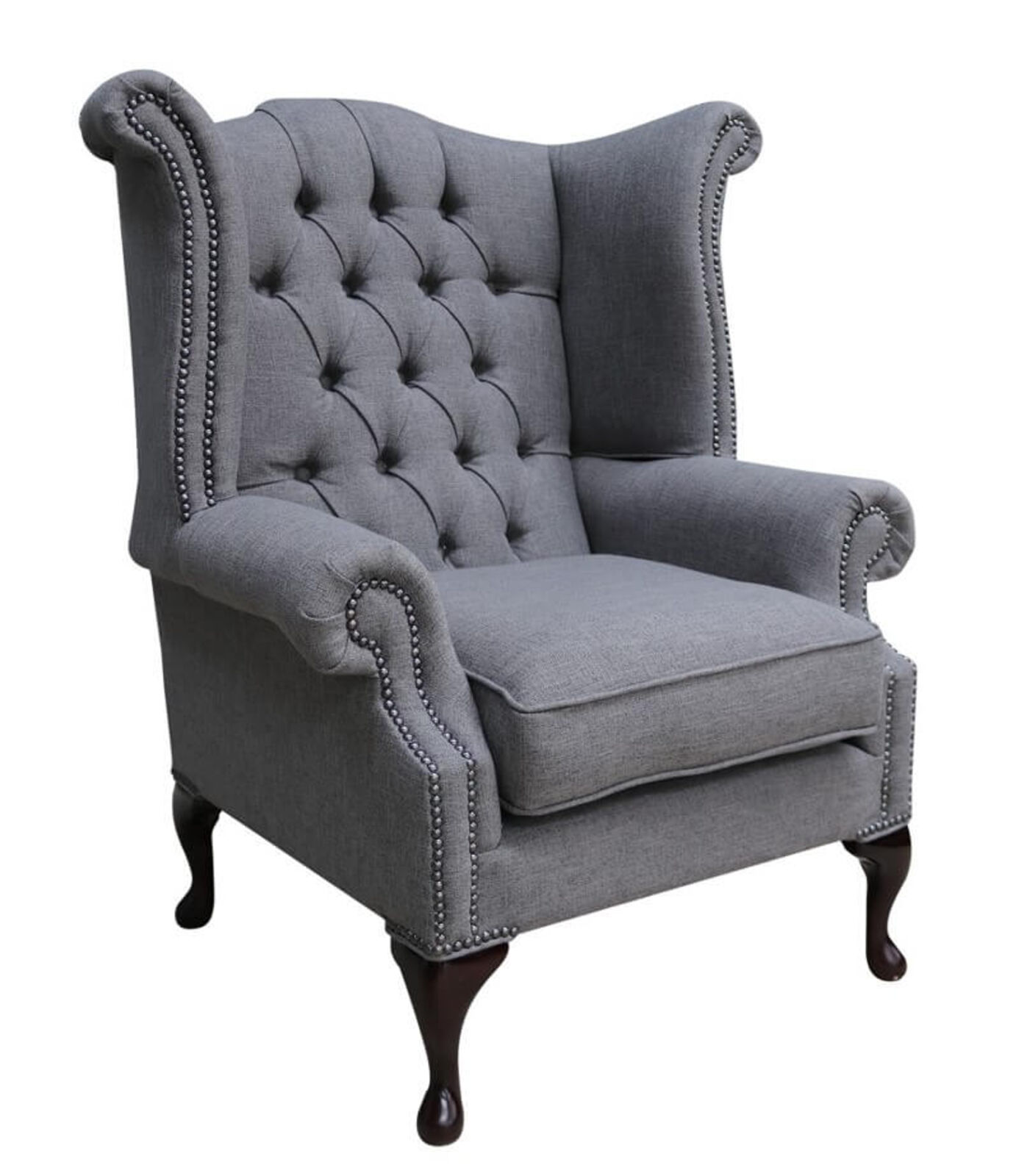 Product photograph of Chesterfield Fabric Queen Anne High Back Wing Chair Bacio Pewter Grey from Designer Sofas 4U