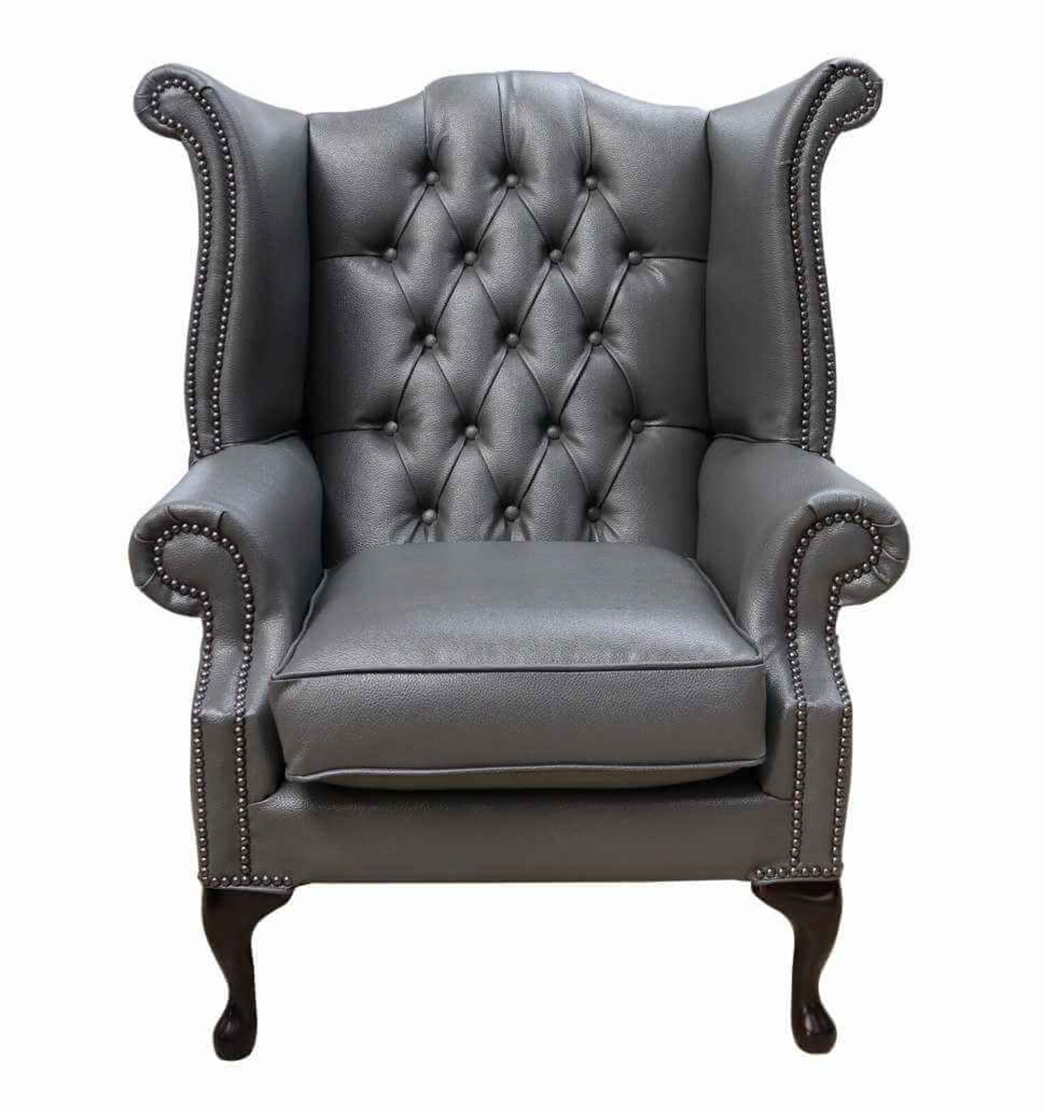 Product photograph of Bonded Leather Grey Chesterfield Queen Anne Wing Chair Designersofas4u from Designer Sofas 4U