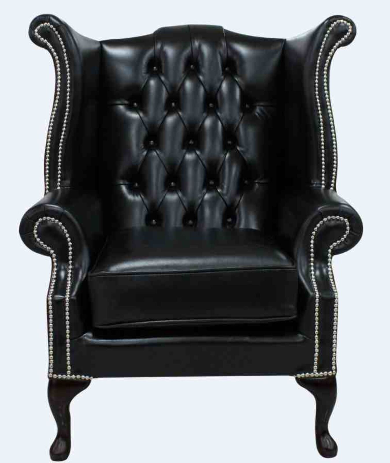 Product photograph of Old English Black Leather Chesterfield Queen Anne High Back Wing Chair Designersofas4u from Designer Sofas 4U