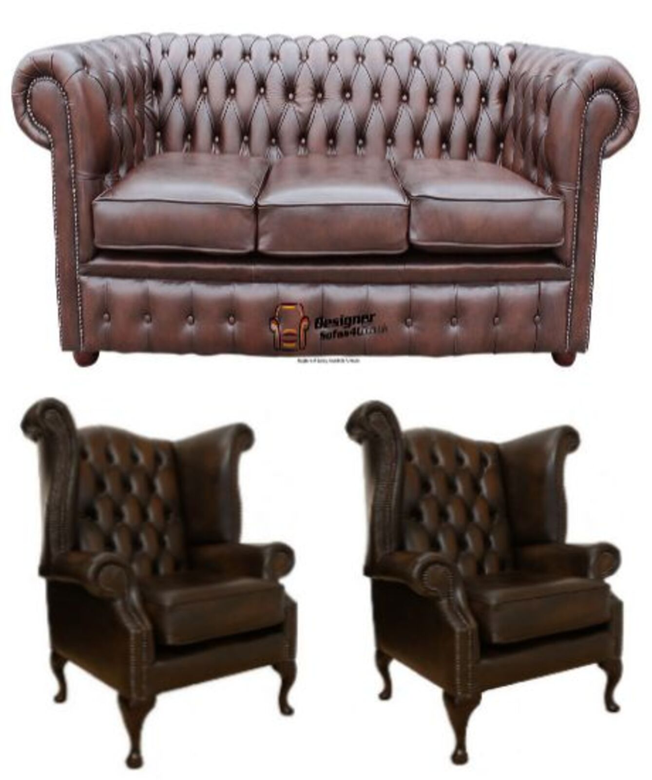 Product photograph of Chesterfield Leather 3 Seater Wing Chair Wing Chair Sofa Offer Antique Brown from Designer Sofas 4U