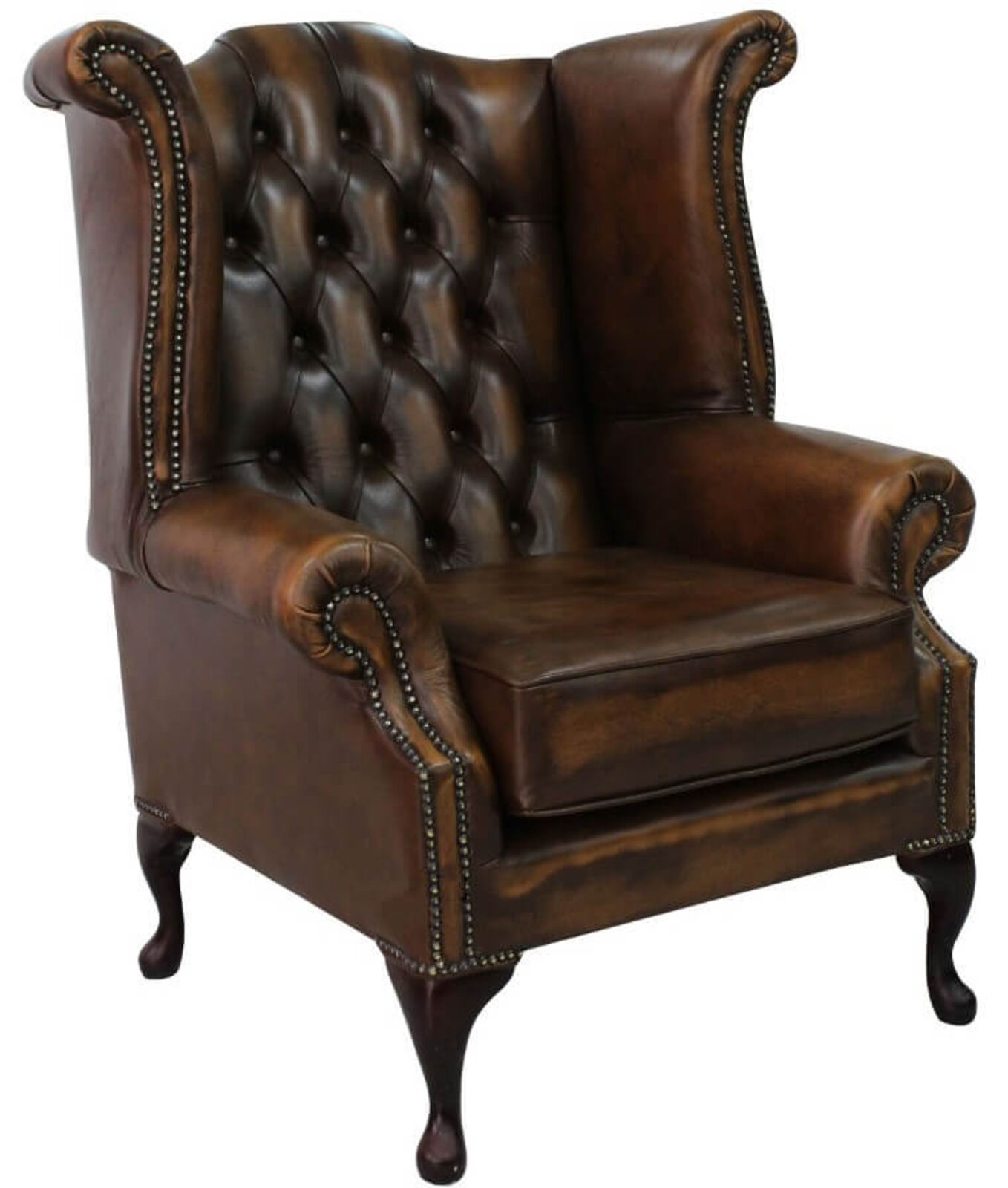 Product photograph of Belvedere Chesterfield Queen Anne Armchair Antique Tan Leather from Designer Sofas 4U