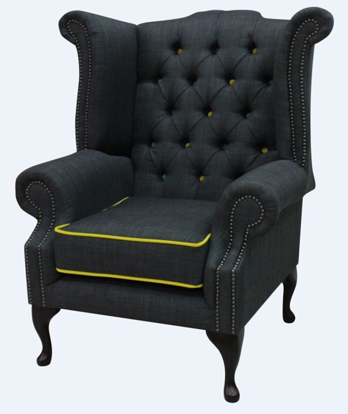 Product photograph of Charles Charcoal Yellow Trim Fabric Chesterfield Linen Queen Anne High Back Wing Chair Designersofas4u from Designer Sofas 4U