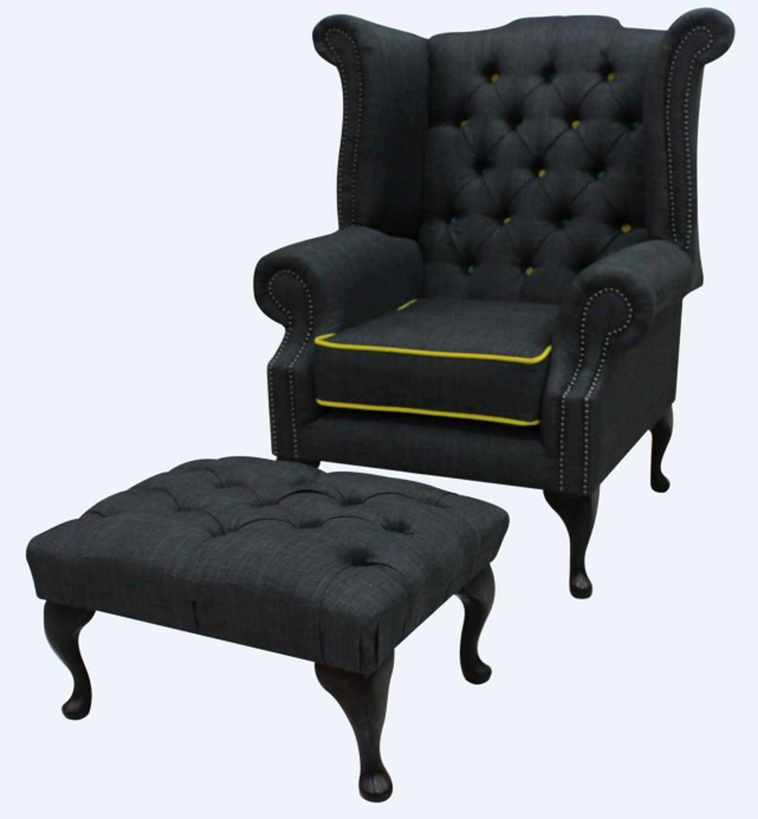 Product photograph of Chesterfield Linen Queen Anne High Back Wing Chair Charles Charcoal Yellow Trim Footstool from Designer Sofas 4U
