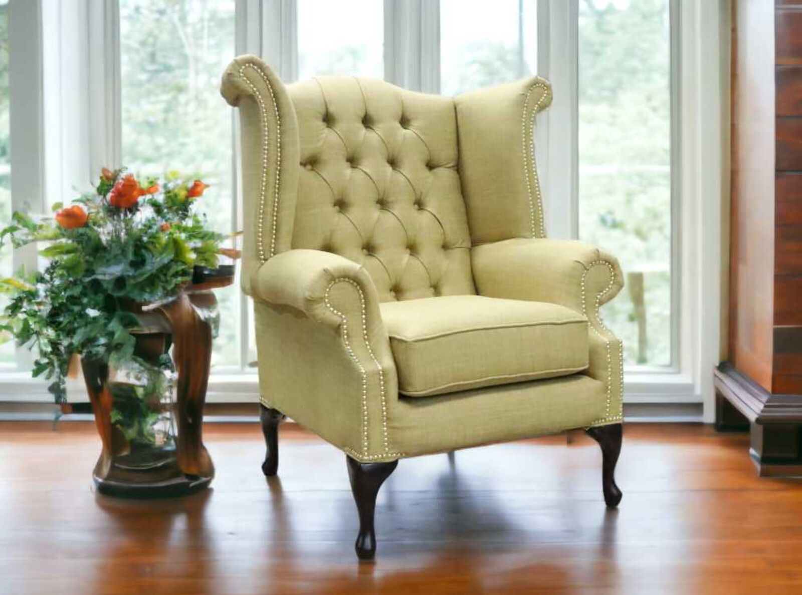 Product photograph of Chesterfield Queen Anne High Back Wing Chair Charles Olive Green Linen Fabric from Designer Sofas 4U