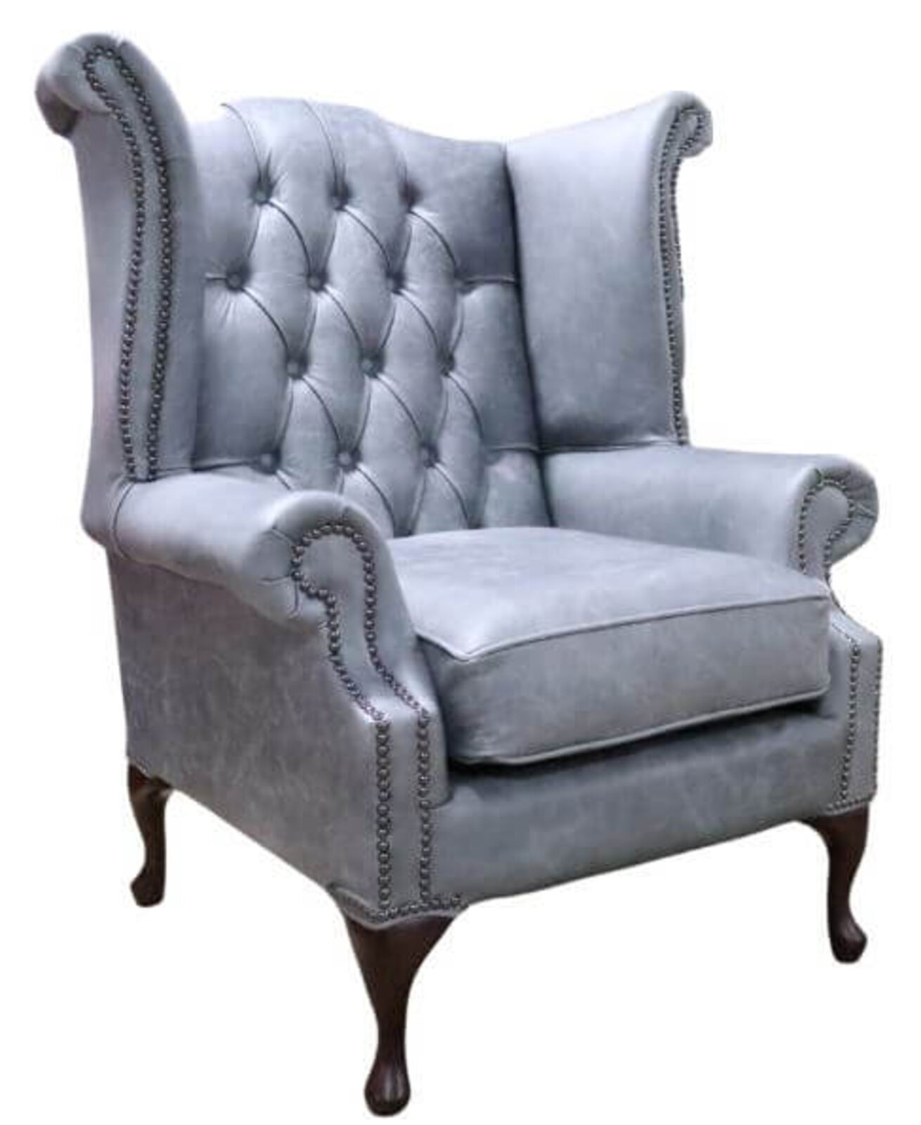 Product photograph of Chesterfield Queen Anne High Back Wing Chair Cracked Wax Ash Grey Leather from Designer Sofas 4U