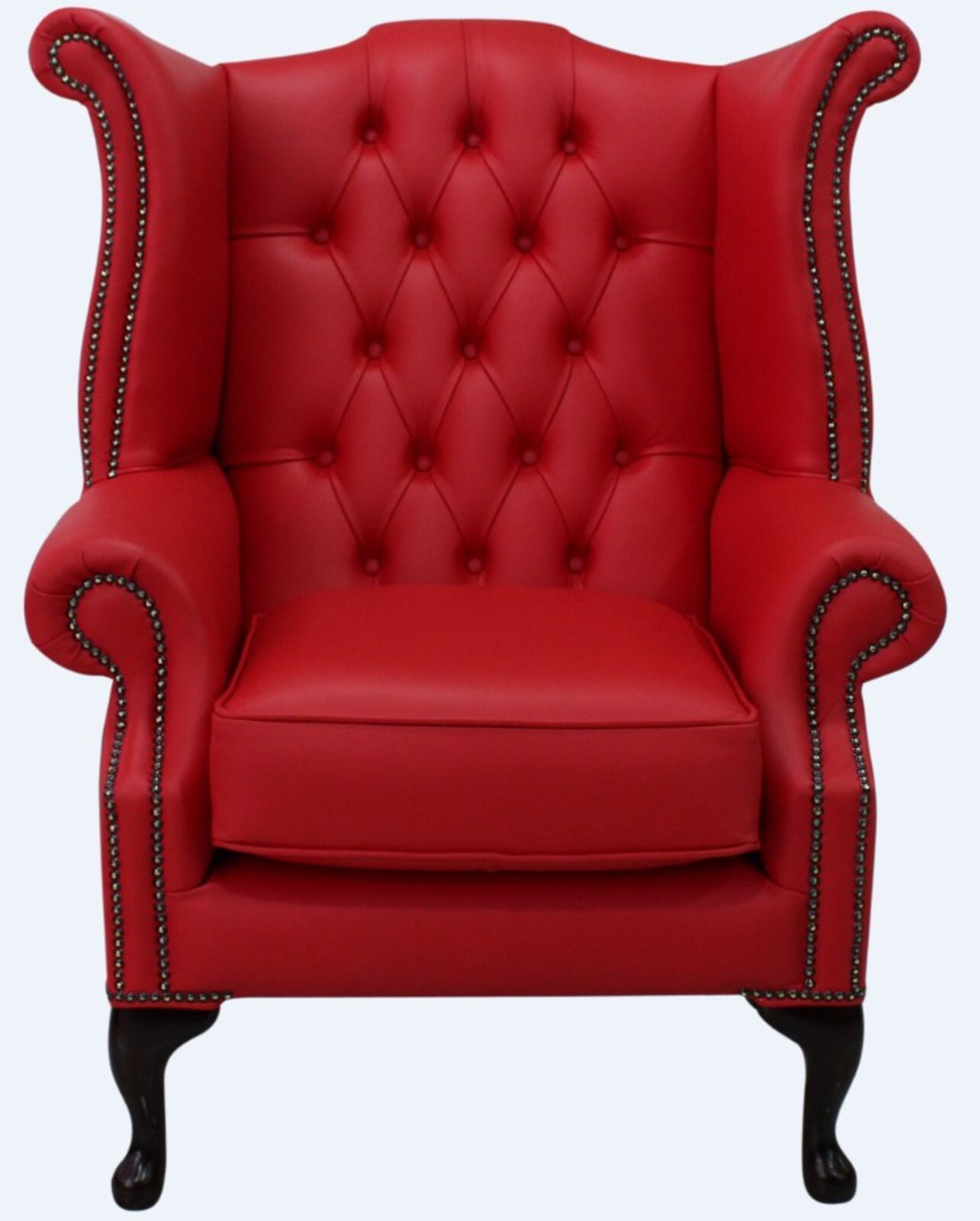 Product photograph of Chesterfield Queen Anne High Back Wing Chair Uk Manufactured Flame Red Leather from Designer Sofas 4U