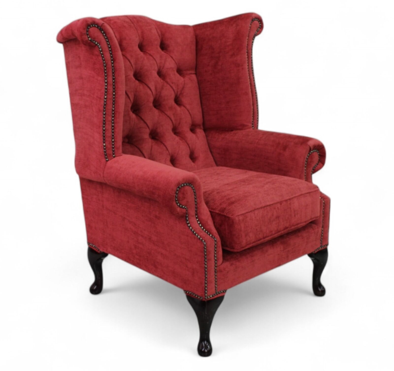 Product photograph of Chesterfield Queen Anne High Back Wing Chair Nuovo Claret Red Fabric from Designer Sofas 4U