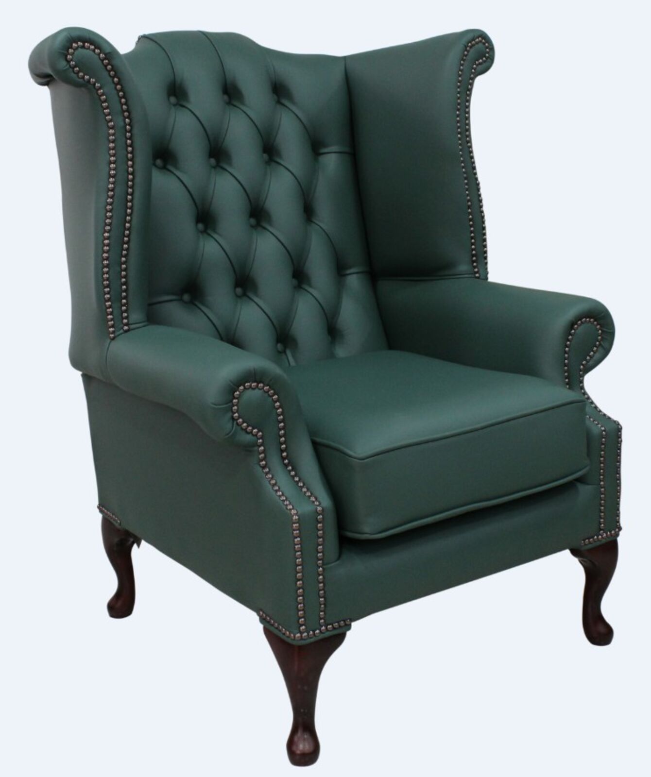 Product photograph of Shelly Jade Green Leather Chesterfield Queen Anne High Back Wing Chair Designersofas4u from Designer Sofas 4U