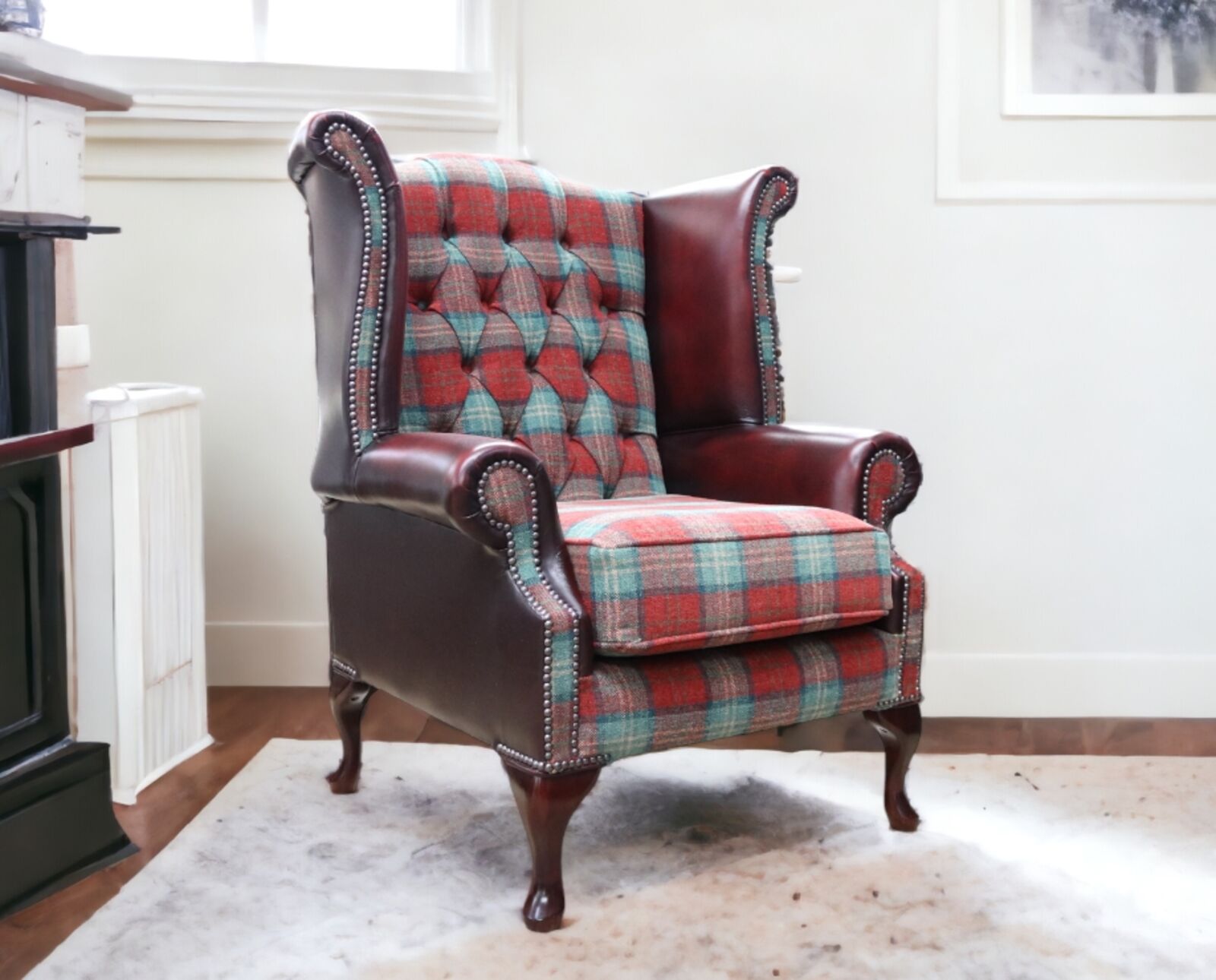 Product photograph of Chesterfield Queen Anne High Back Wing Chair Lana Ruby Antique Oxblood Real Leather from Designer Sofas 4U
