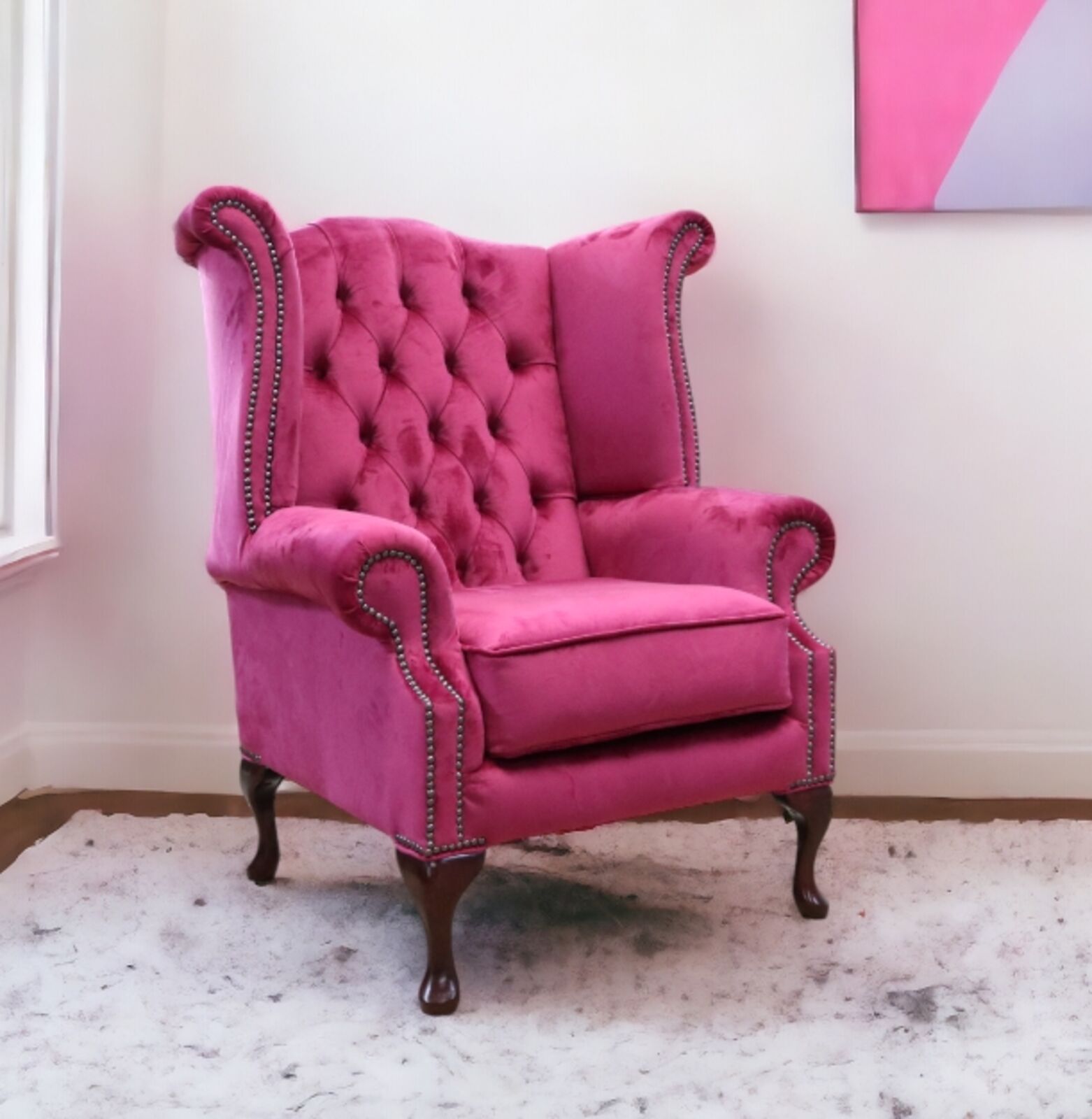 Product photograph of Chesterfield Queen Anne High Back Wing Chair Monaco Boysenberry Velvet from Designer Sofas 4U