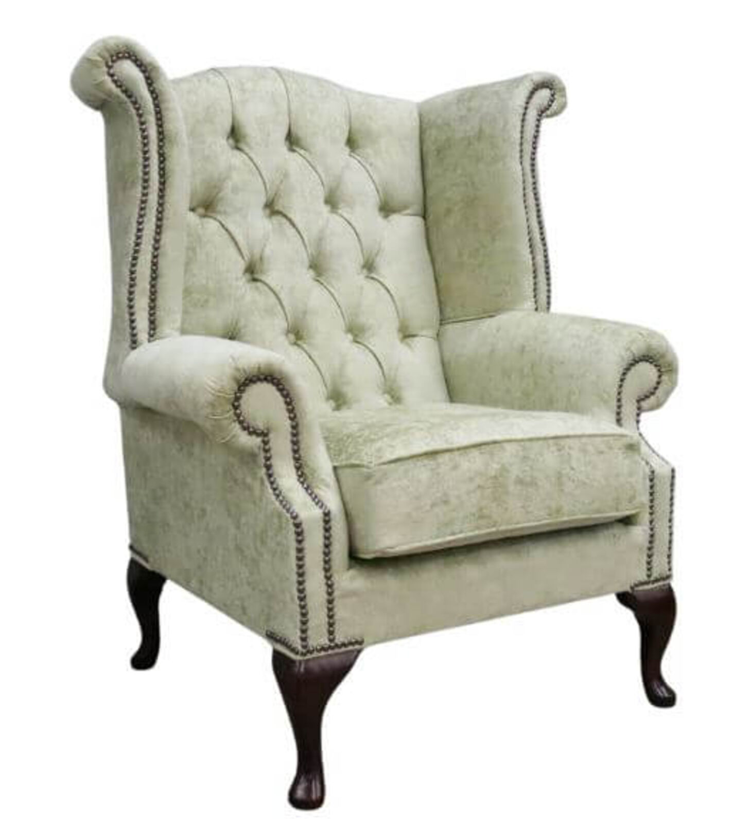Product photograph of Chesterfield Queen Anne High Back Wing Chair Nuovo Moss Green Fabric from Designer Sofas 4U
