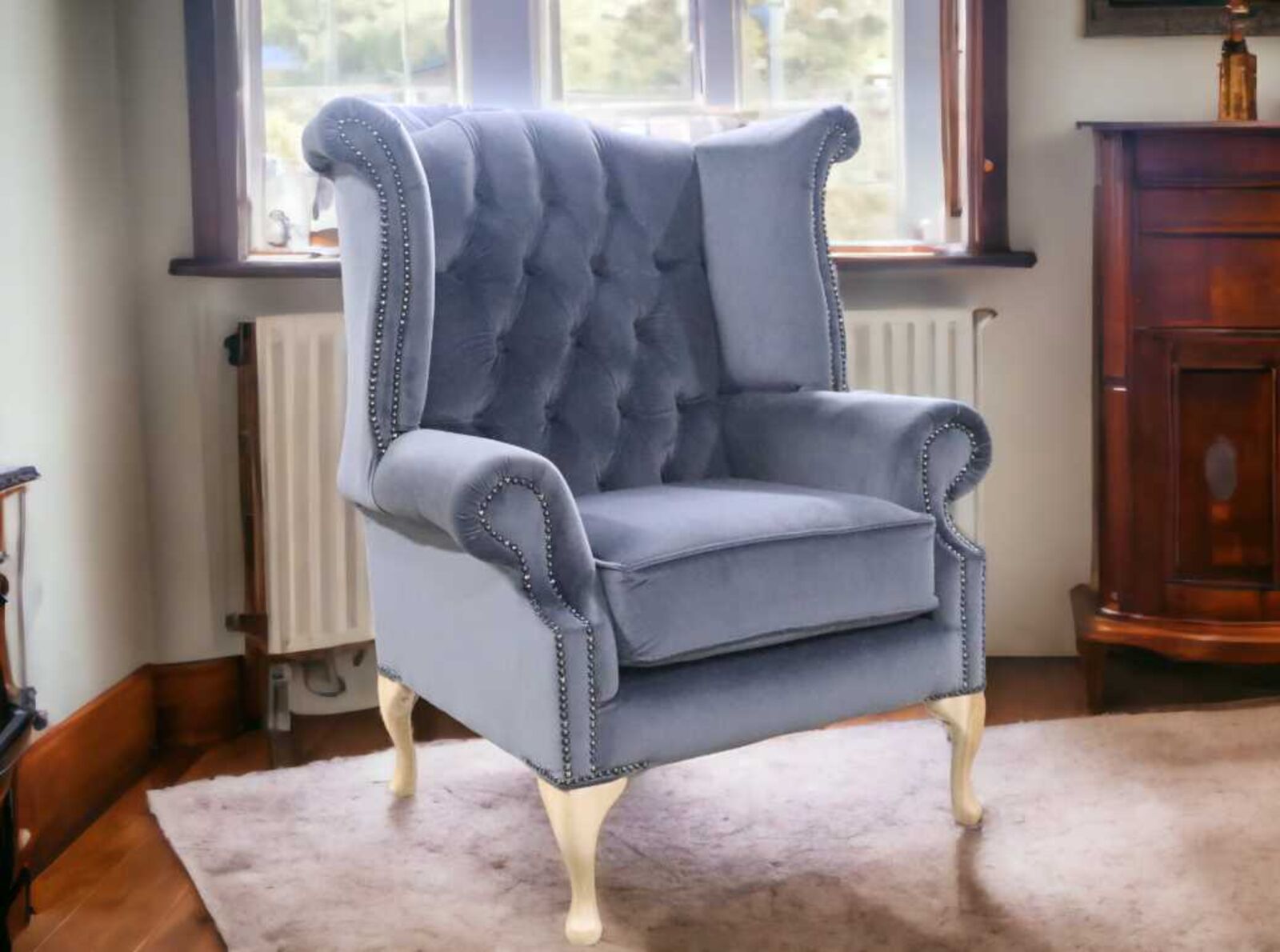 Product photograph of Chesterfield Queen Anne High Back Wing Chair Passion Granite Grey Velvet from Designer Sofas 4U
