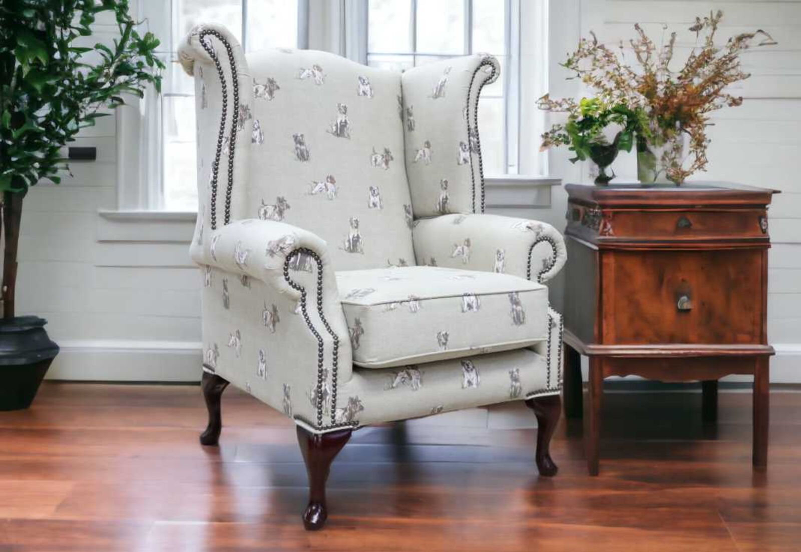 Product photograph of Chesterfield Queen Anne High Back Wing Chair Pooch Natural Fabric from Designer Sofas 4U