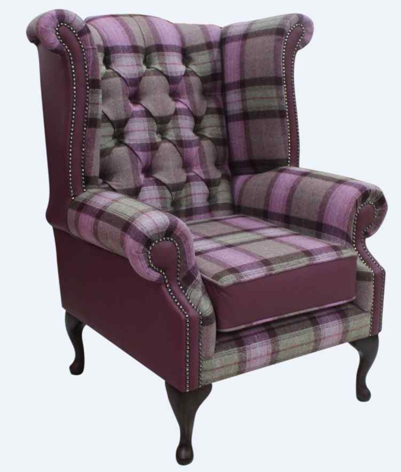 Product photograph of Chesterfield Queen Anne Wool Tweed Leather Wing Chair Fireside High Back Armchair Skye Amethyst Check from Designer Sofas 4U