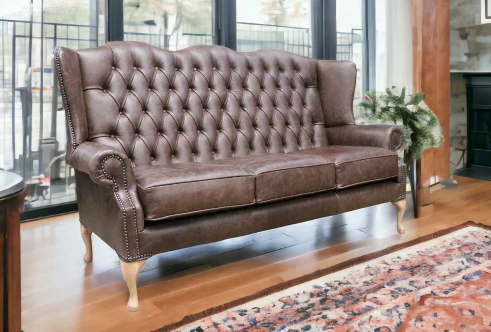 Product photograph of Chesterfield 3 Seater Queen Anne High Back Wing Sofa Cracked Wax Tobacco Leather from Designer Sofas 4U