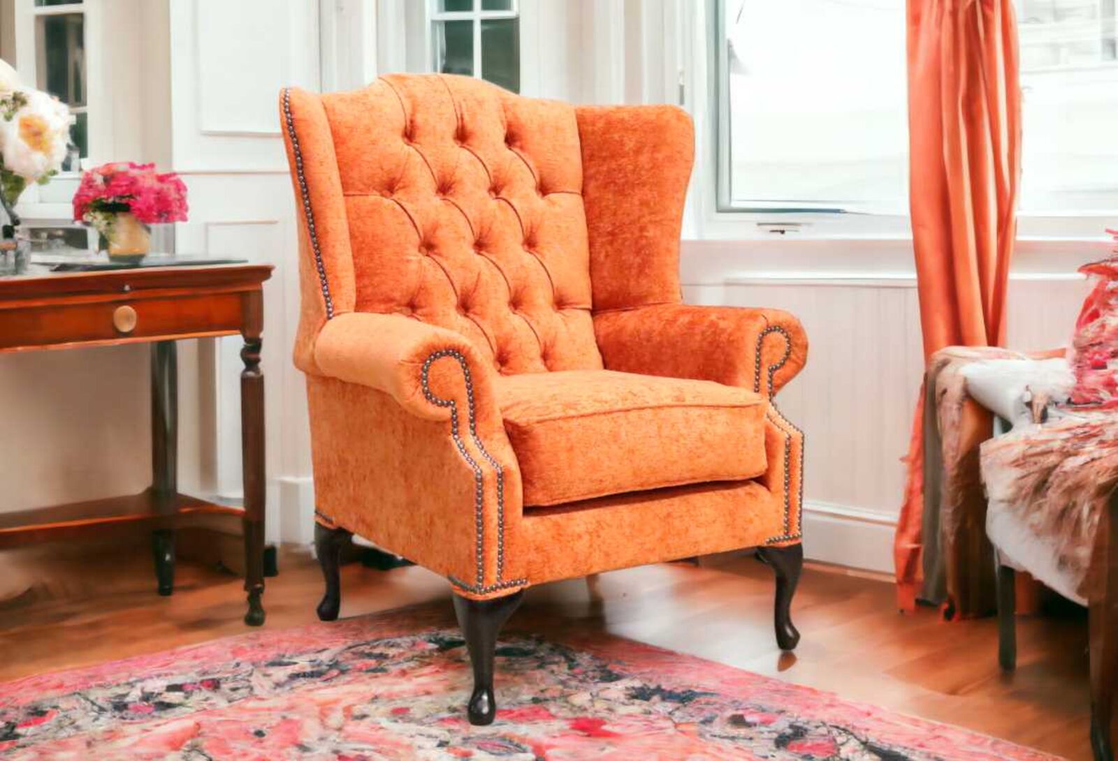 Product photograph of Chesterfield Bloomsbury Flat Wing Queen Anne Chair Nuovo Marmalade Orange Fabric from Designer Sofas 4U
