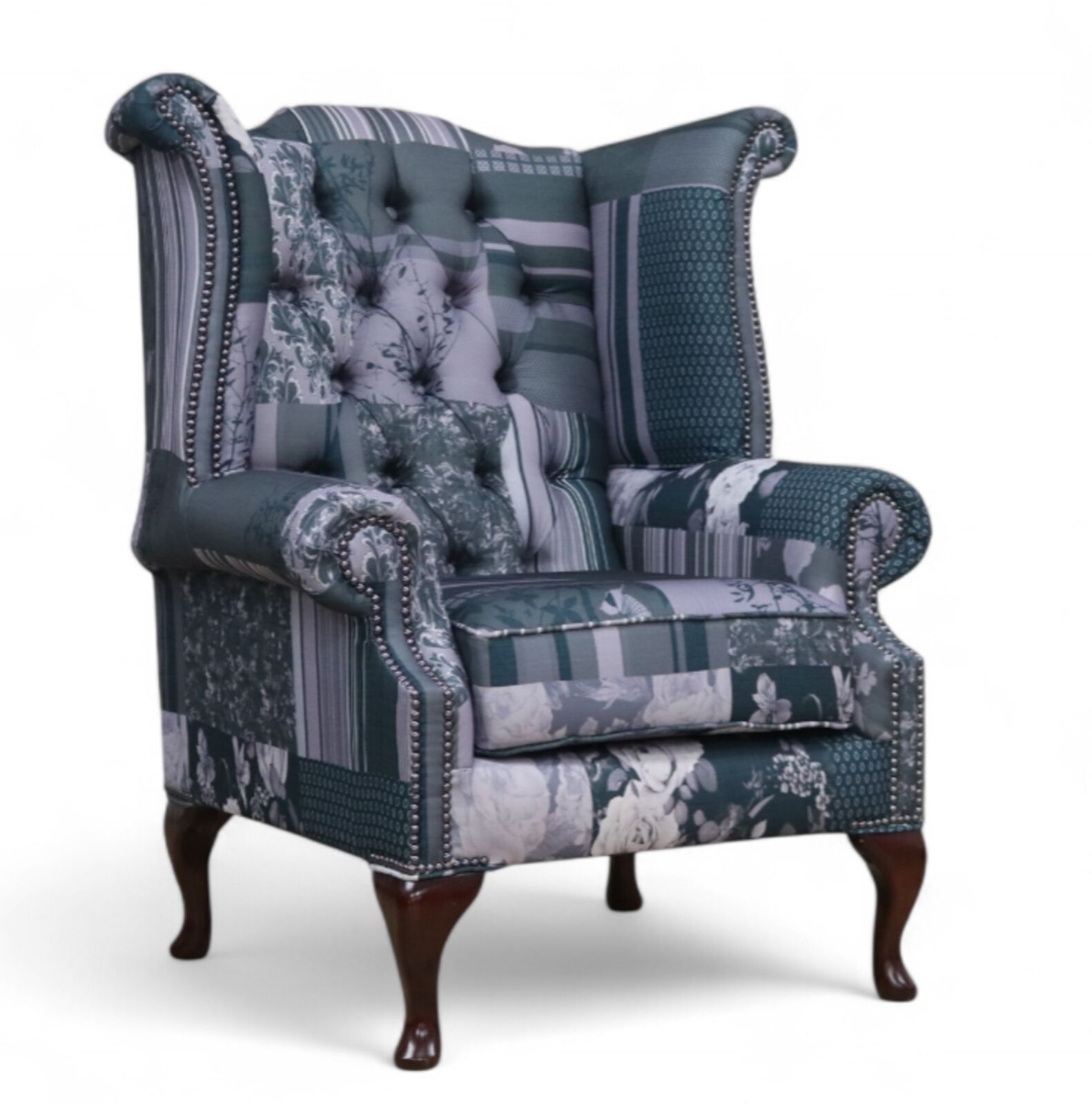 Product photograph of Chesterfield Patchwork Grey Queen Anne High Back Wing Chair from Designer Sofas 4U