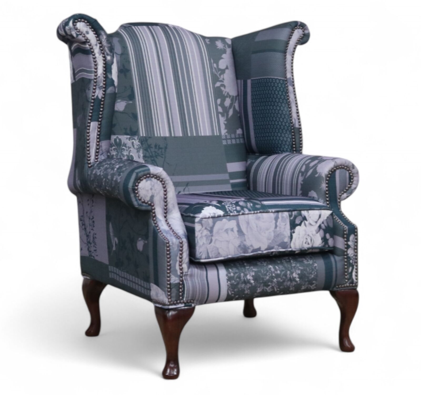 Product photograph of Chesterfield Saxon Patchwork Grey Queen Anne High Back Wing Chair from Designer Sofas 4U