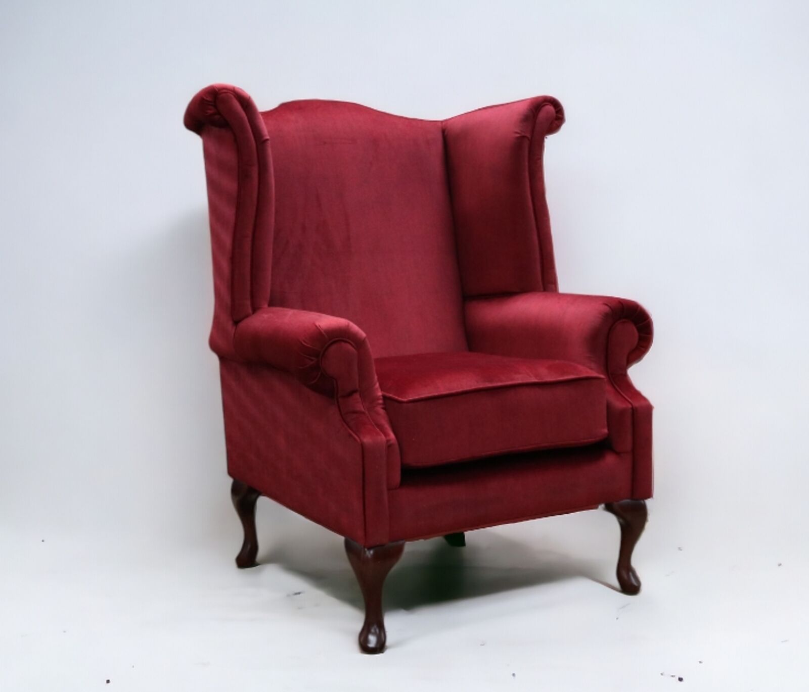 Product photograph of Chesterfield Thomas Saxon Queen Anne High Back Wing Chair Odyssey Wine Velvet from Designer Sofas 4U