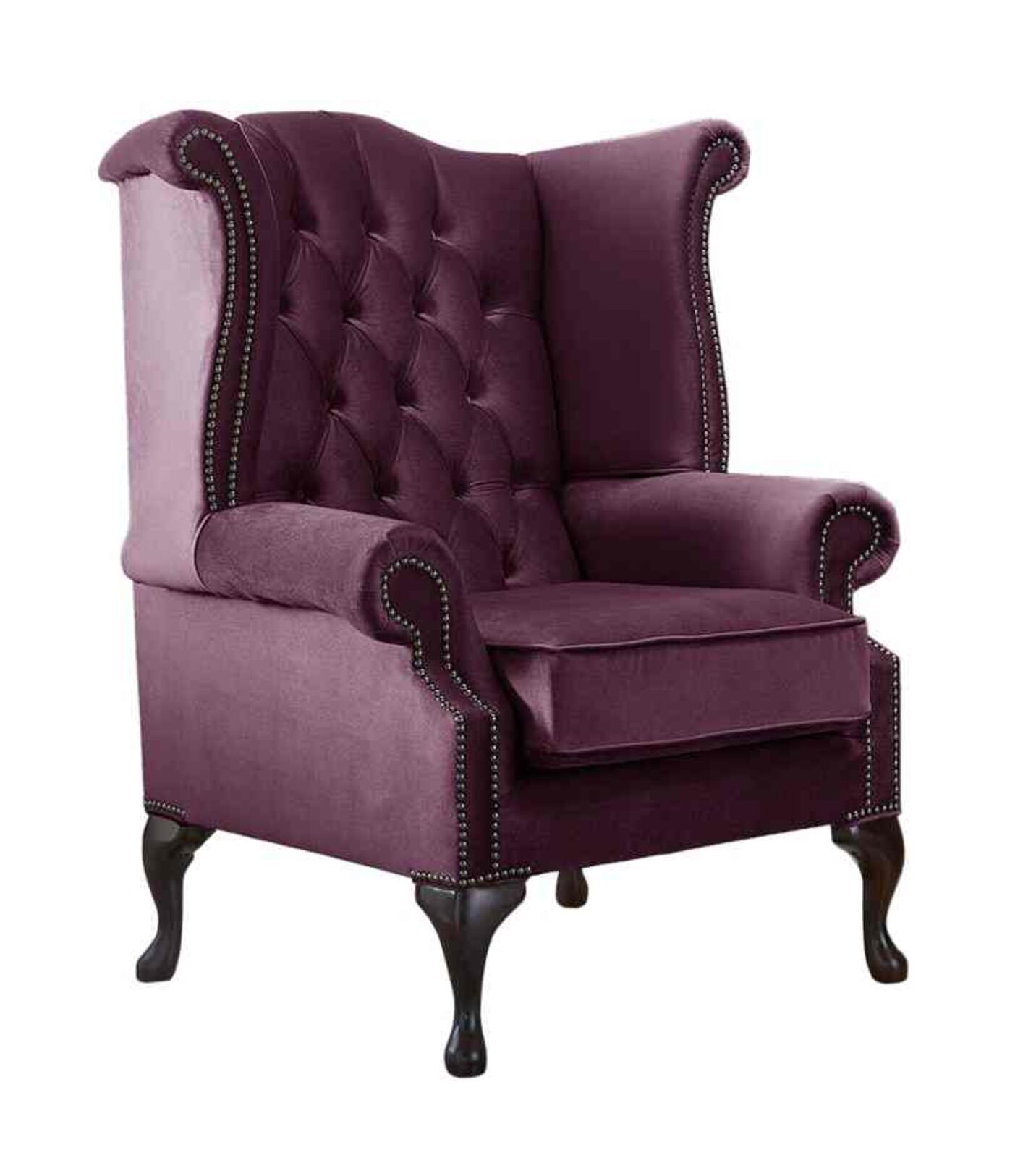 Product photograph of Chesterfield Queen Anne High Back Wing Chair Malta Boysenberry Purple Velvet Fabric from Designer Sofas 4U