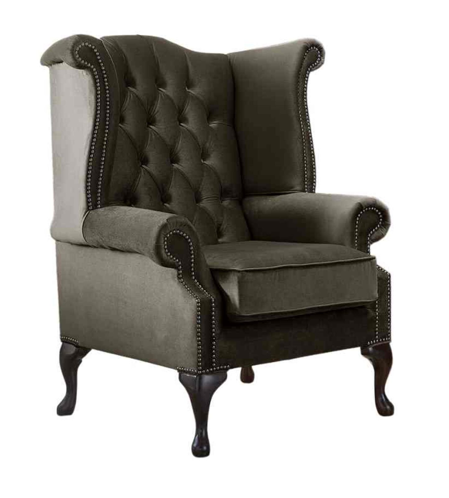 Product photograph of Chesterfield Queen Anne High Back Wing Chair Mushroom Brown Velvet Fabric from Designer Sofas 4U