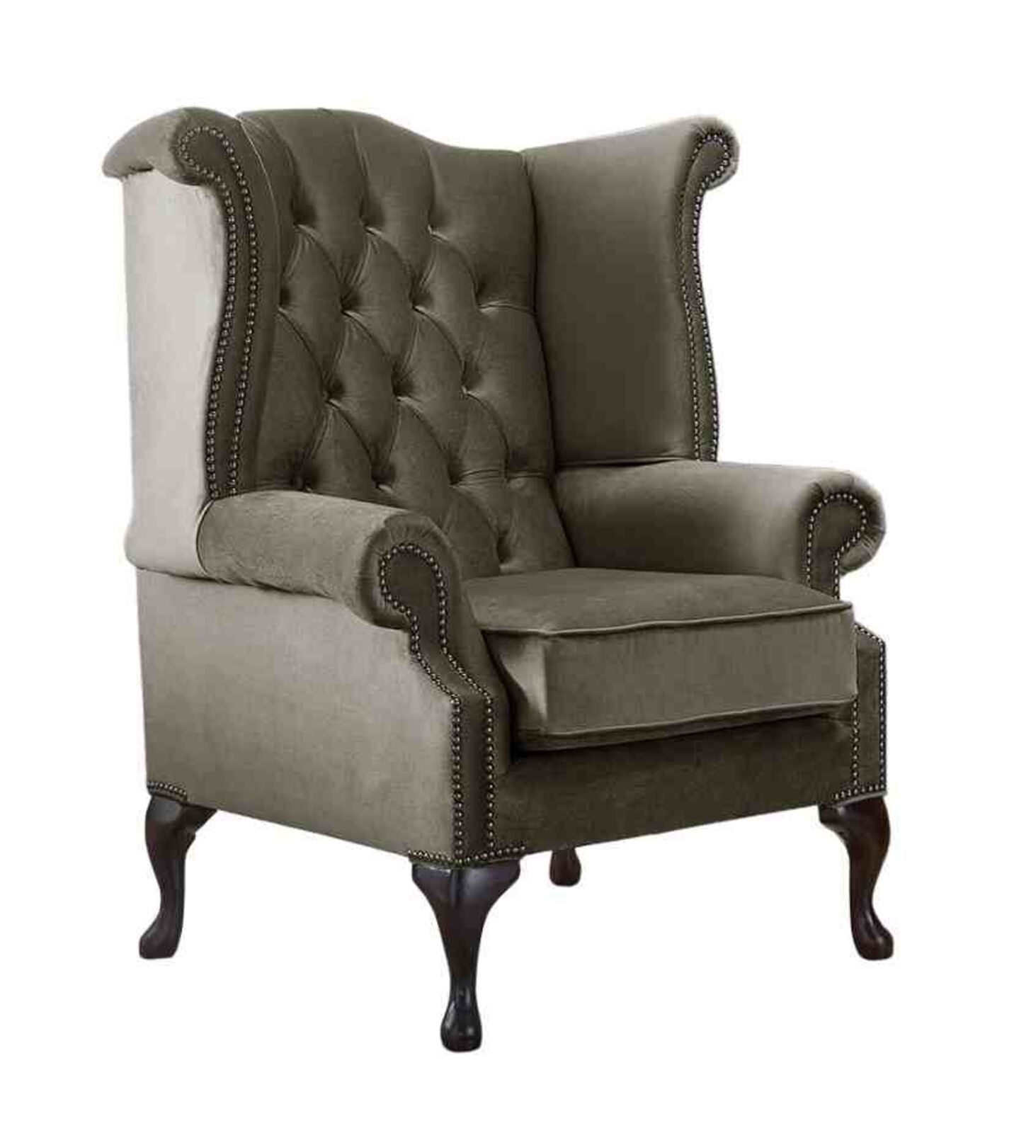 Product photograph of Chesterfield Queen Anne High Back Wing Chair Malta Taupe Beige Velvet Fabric from Designer Sofas 4U