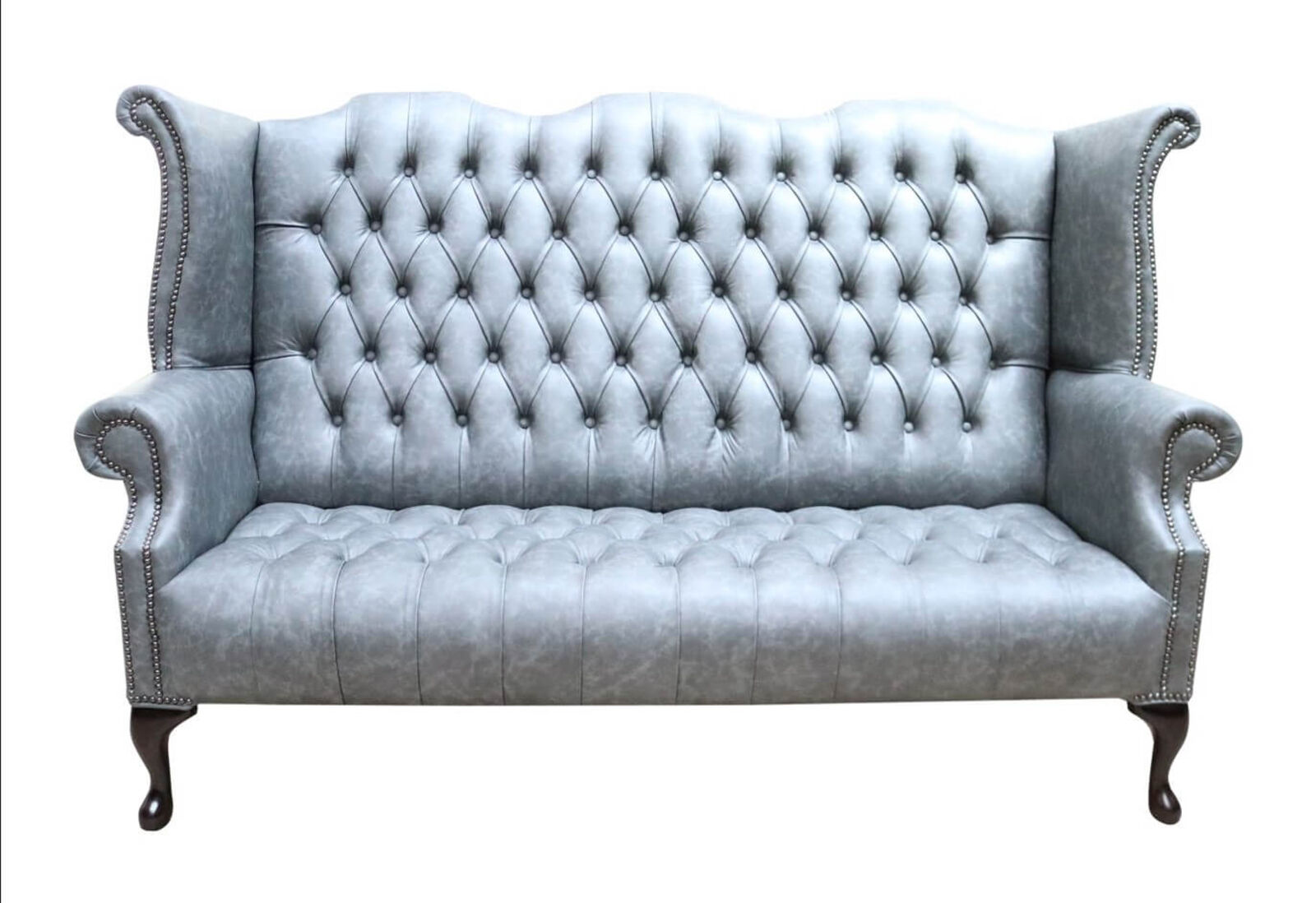Product photograph of Chesterfield 3 Seater Queen Anne High Back Wing Sofa Cracked Wax Ash Grey Leather from Designer Sofas 4U