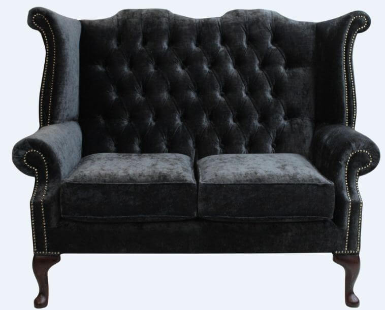 Chesterfield 2 Seater Queen Anne High Back Wing Sofa Chair Modena Black