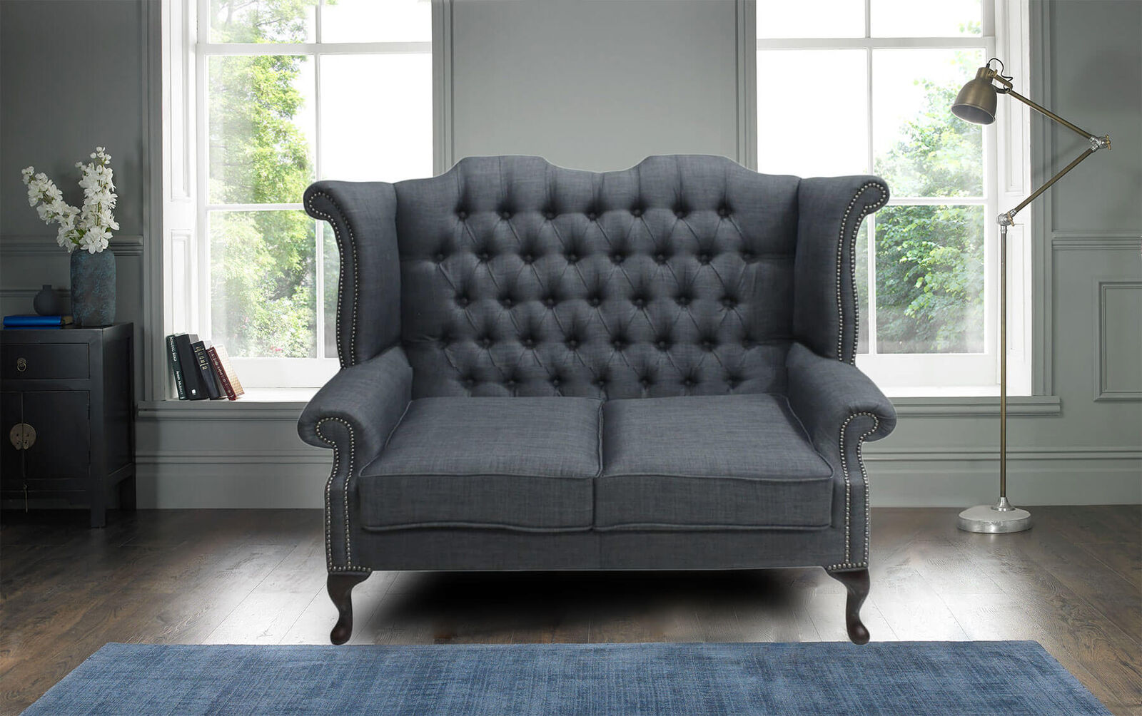 Product photograph of Chesterfield 2 Seater Queen Anne High Back Wing Sofa Charles Charcoal Grey Linen Fabric from Designer Sofas 4U