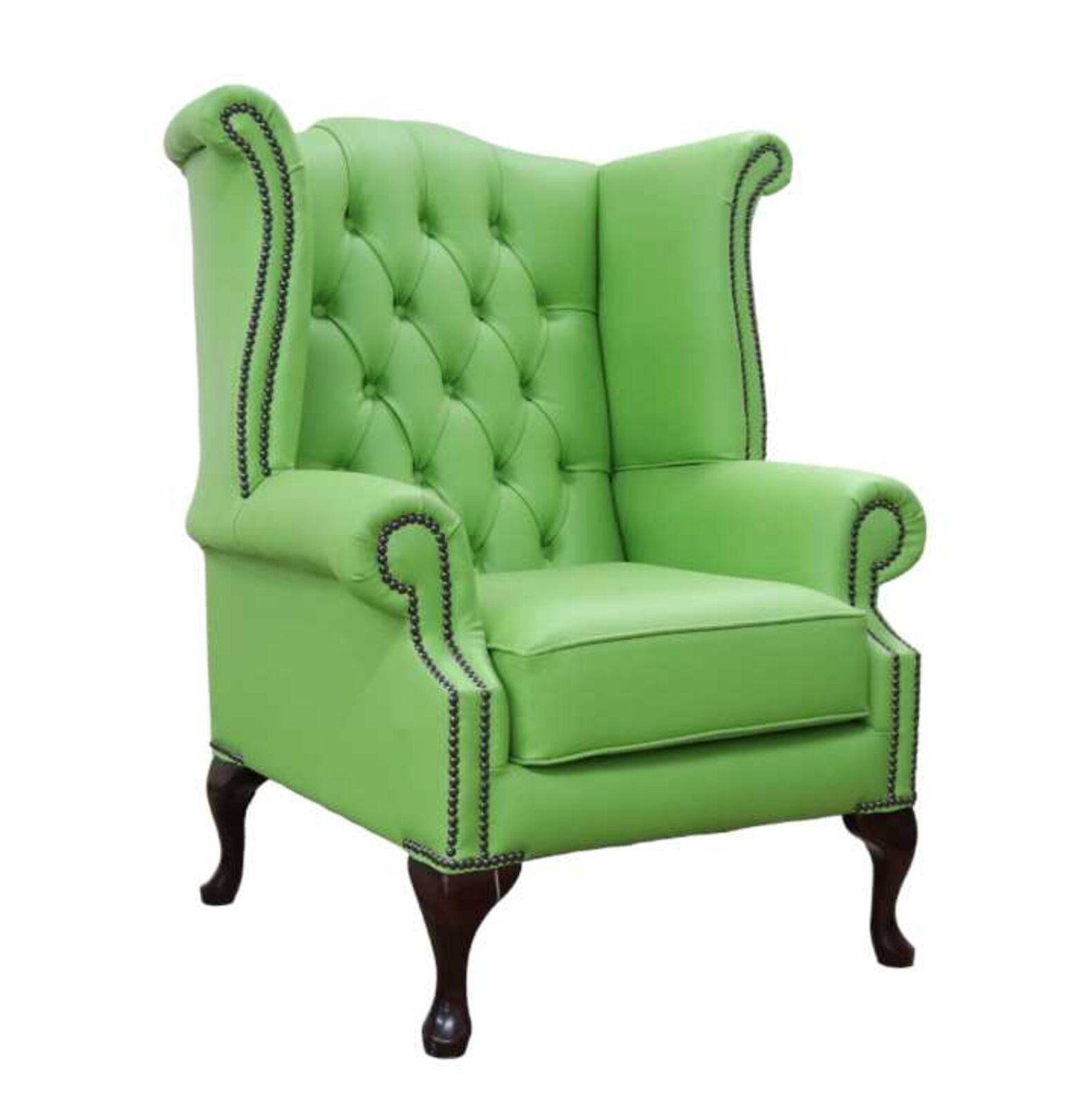 Product photograph of Apple Green Faux Leather Chesterfield Queen Anne Wing Chair Designersofas4u from Designer Sofas 4U
