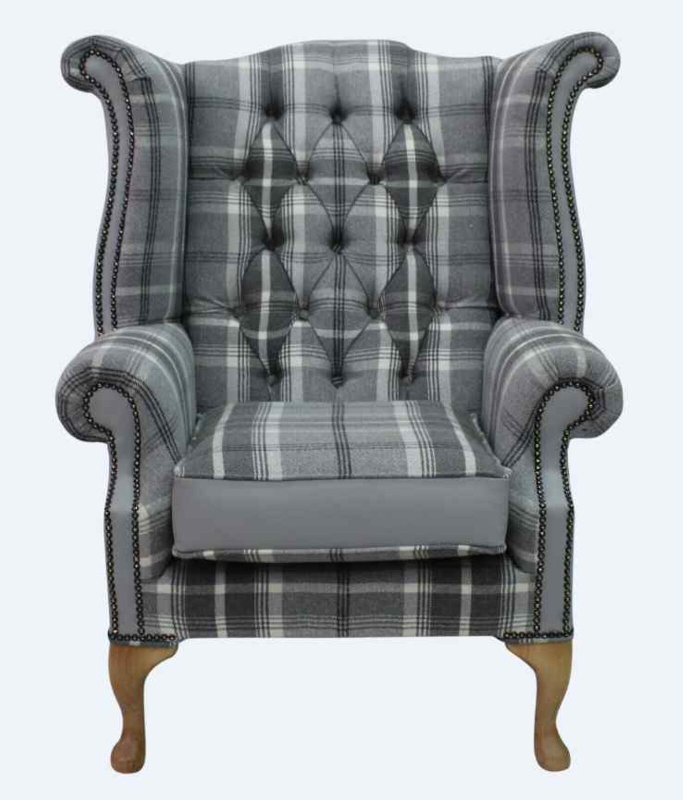Product photograph of Chesterfield Queen Anne High Back Wing Chair Balmoral Dove Silver Grey Fabric And Leather from Designer Sofas 4U