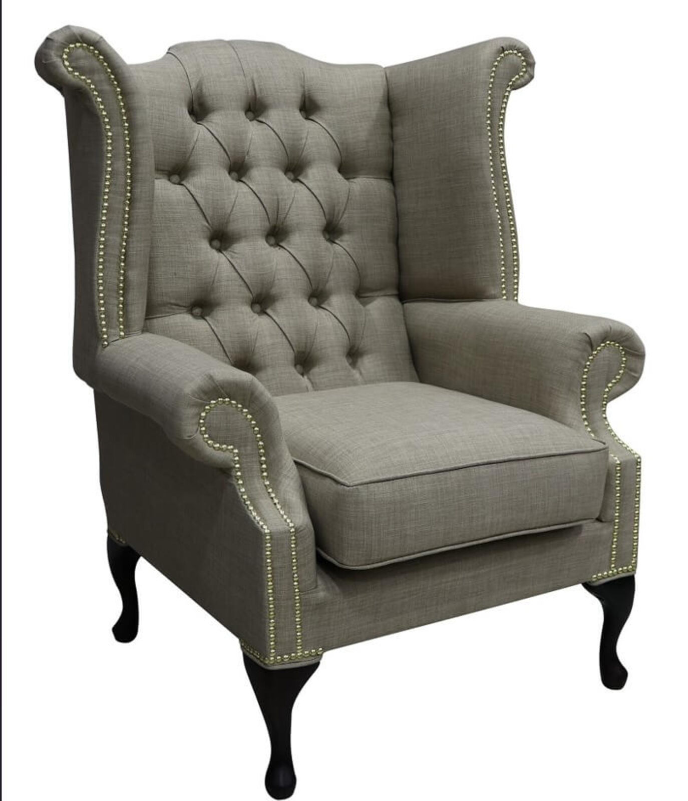 Product photograph of Chesterfield Linen Queen Anne High Back Wing Chair Charles Fudge from Designer Sofas 4U