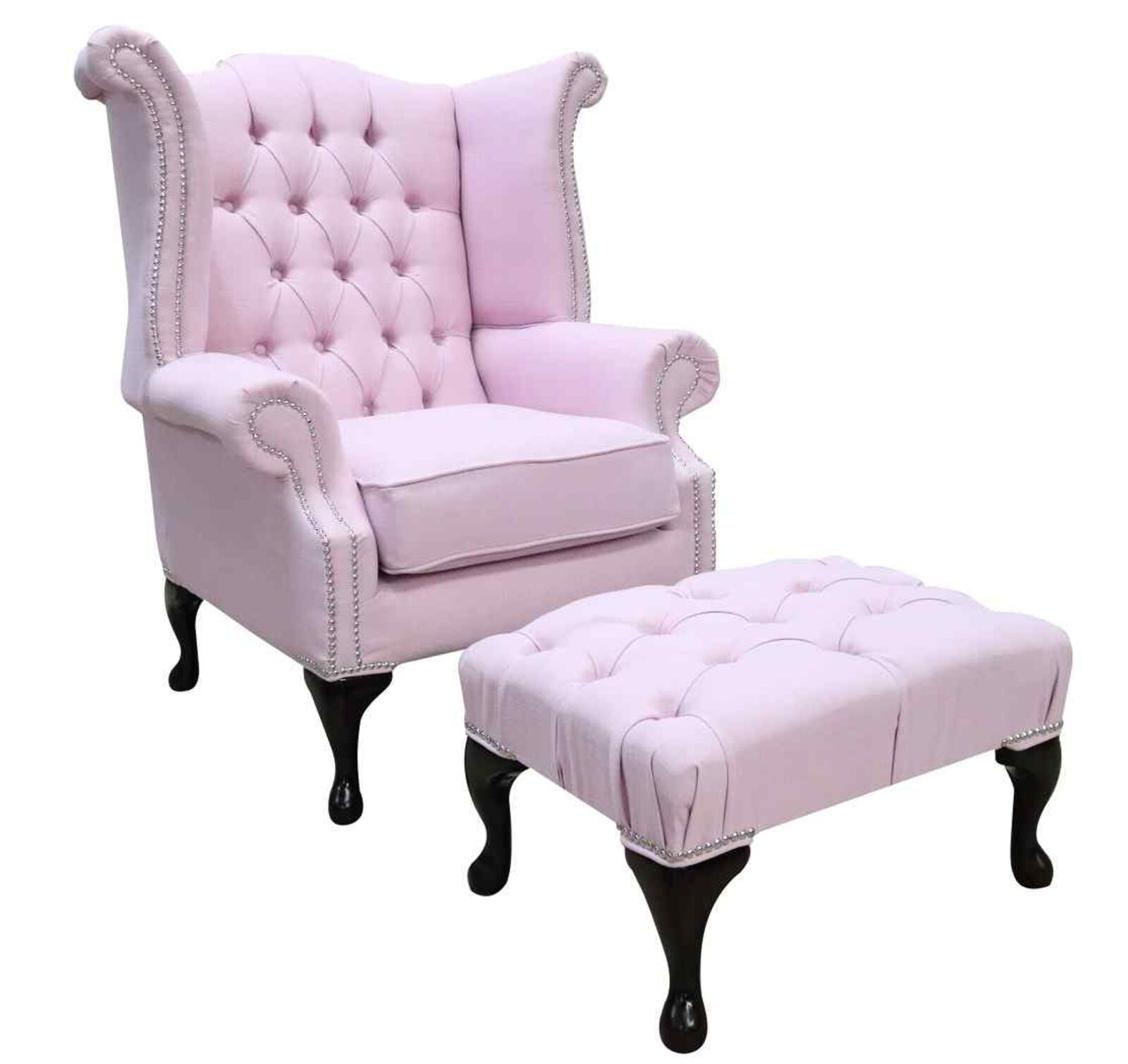 Product photograph of Chesterfield Linen Queen Anne High Back Wing Chair Charles Pink Footstool from Designer Sofas 4U