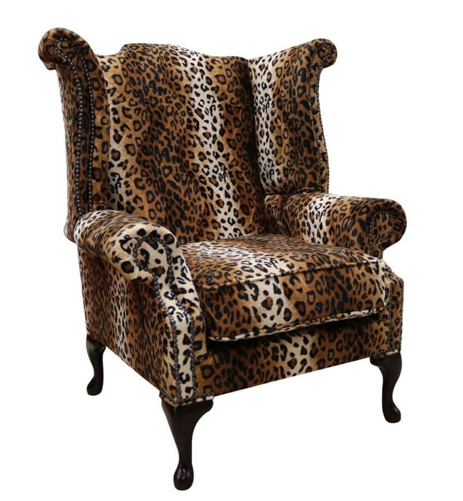 Product photograph of Chesterfield Saxon Queen Anne High Back Wing Chair Brown Leopard Animal Print Fabric from Designer Sofas 4U