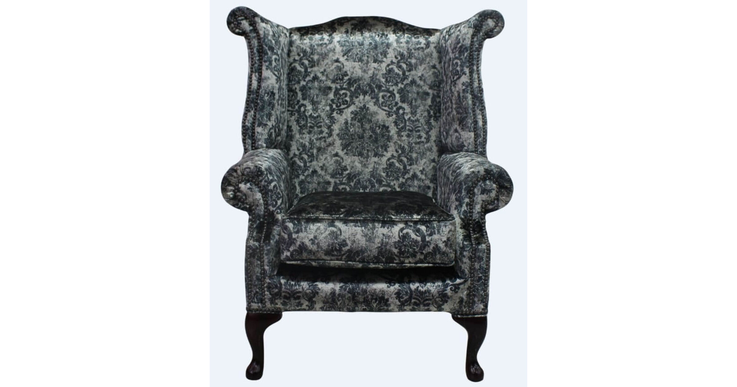 Chesterfield Saxon Queen Anne High Back Wing Chair Georgette Silver Velvet