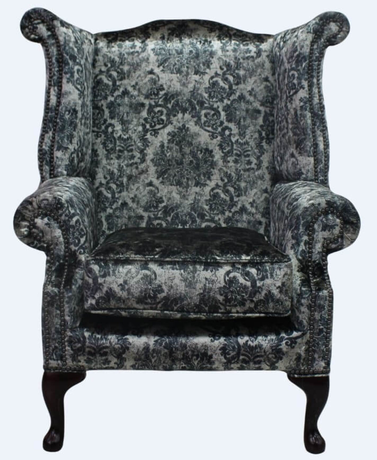 Product photograph of Chesterfield Saxon Queen Anne High Back Wing Chair Georgette Silver Velvet from Designer Sofas 4U