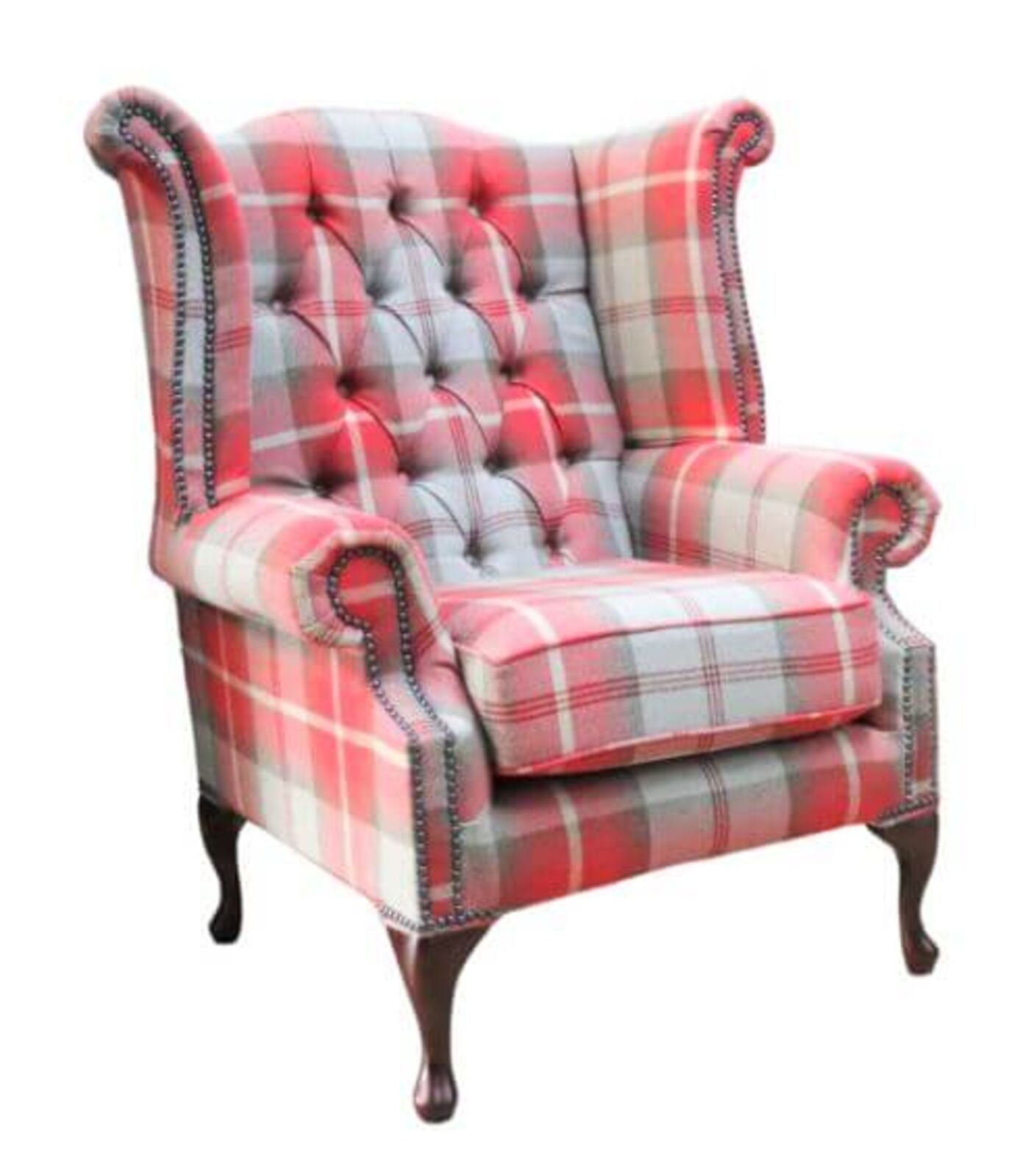 Product photograph of Chesterfield Queen Anne Wing Chair High Back Armchair Balmoral Cherry Checked Fabric P Amp S from Designer Sofas 4U