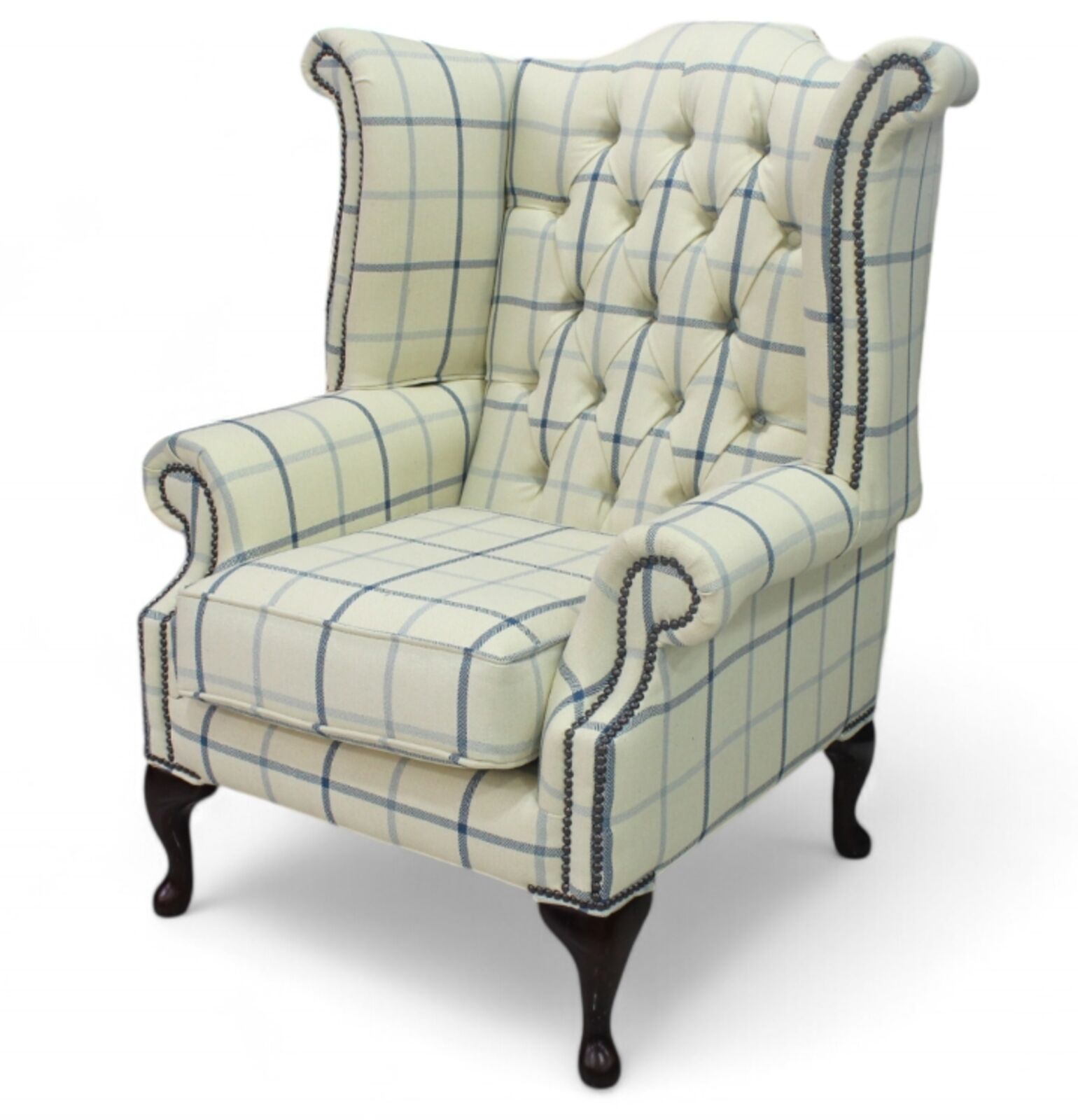 Product photograph of Chesterfield Queen Anne Wing Chair High Back Armchair Piazza Square Check Blue Fabric from Designer Sofas 4U