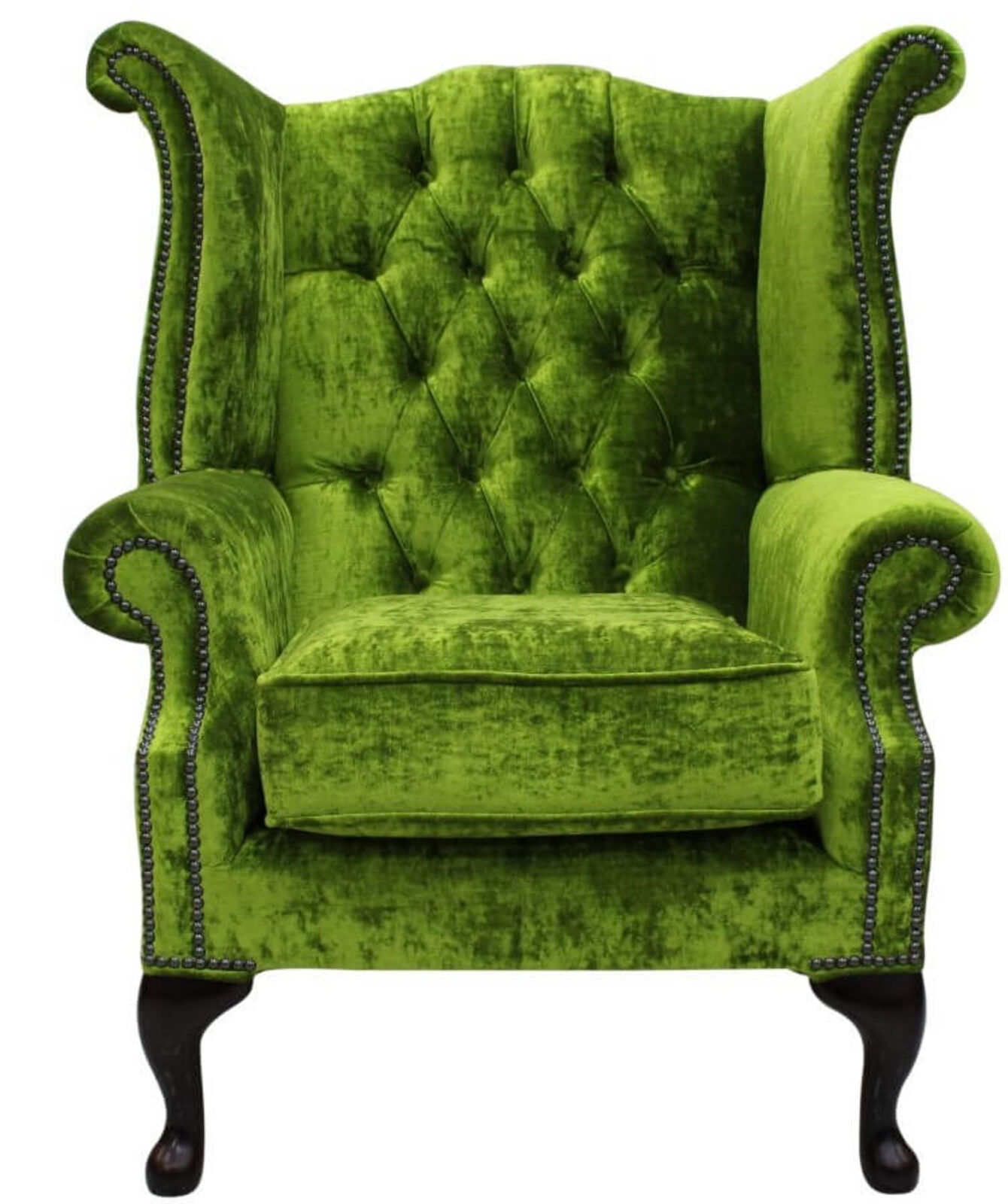 Product photograph of Chesterfield Queen Anne High Back Wing Chair Modena Pistachio Green Velvet from Designer Sofas 4U