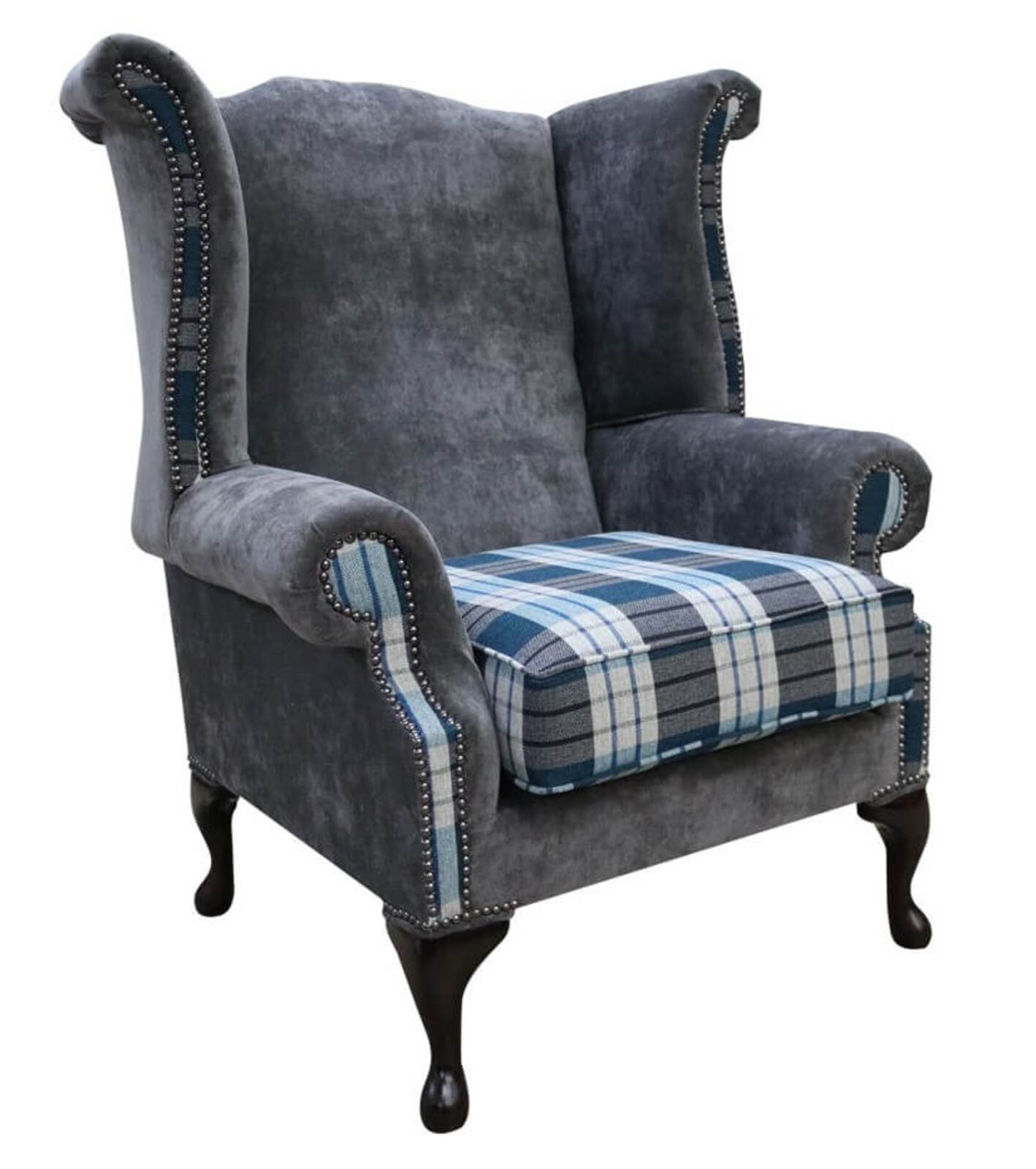 Product photograph of Chesterfield Saxon Queen Anne Wing Chair High Back Armchair Kintyre Teal Check And Slate Grey Fabric Fabric from Designer Sofas 4U