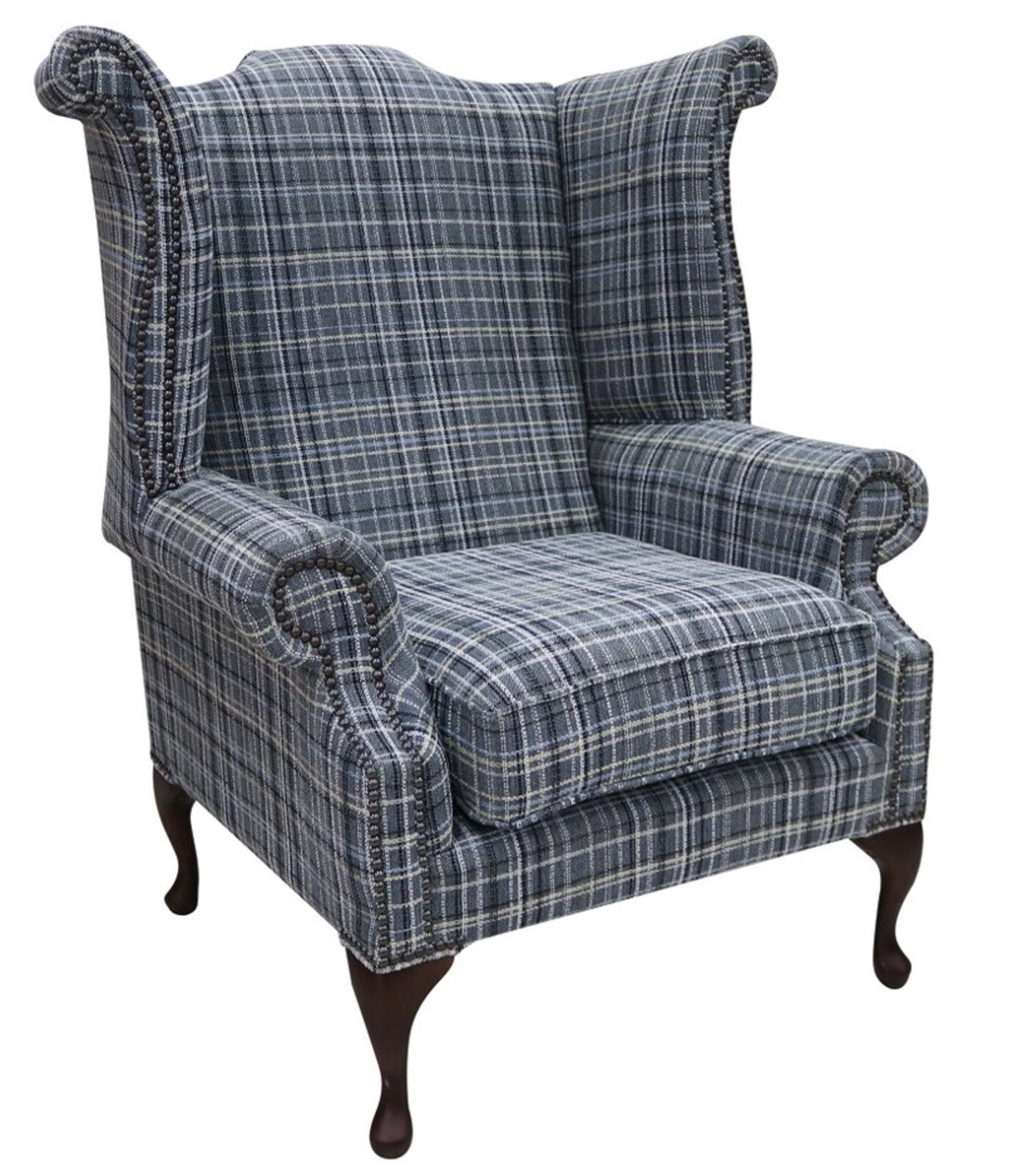 Product photograph of Chesterfield Queen Anne High Back Wing Chair Lomond Twilight Fabric from Designer Sofas 4U